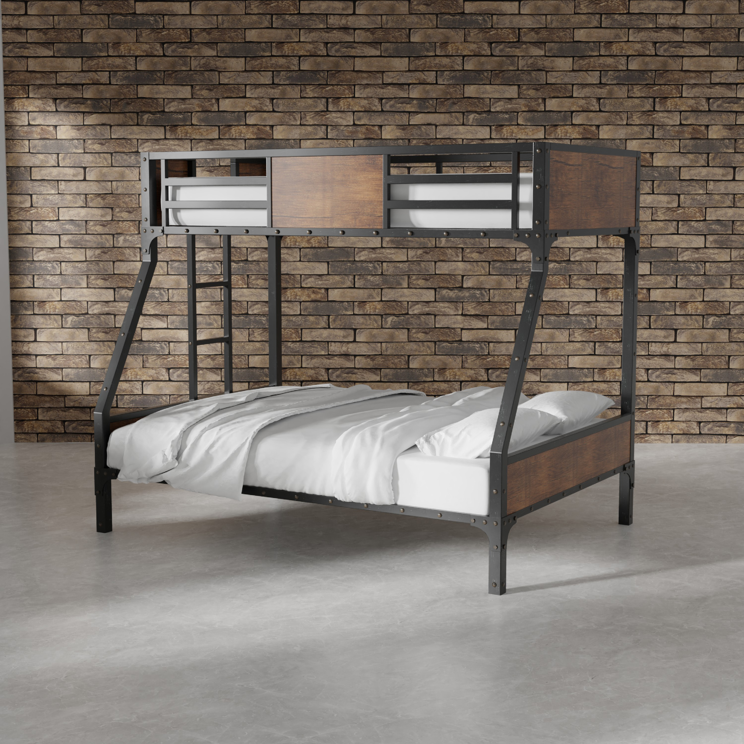 Furniture of America Baron Twin over Full Bunk Bed in Black Metal and Brown Wood Finish