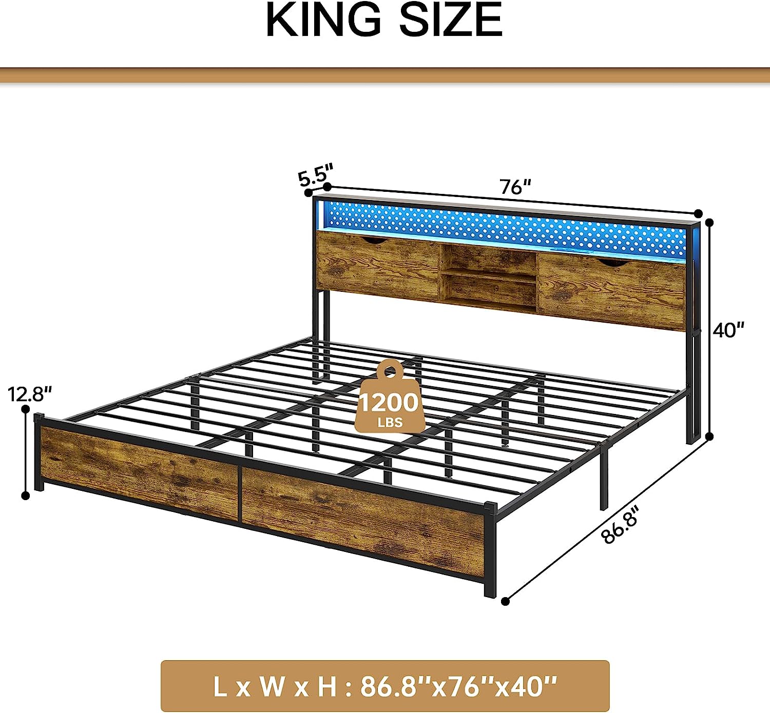 King Size Bed Frame with Type-C & USB Charging Station&LED Lights,Metal Platform Bed Frame with Storage Headboard,No Box Spring Needed,Vintage Brown