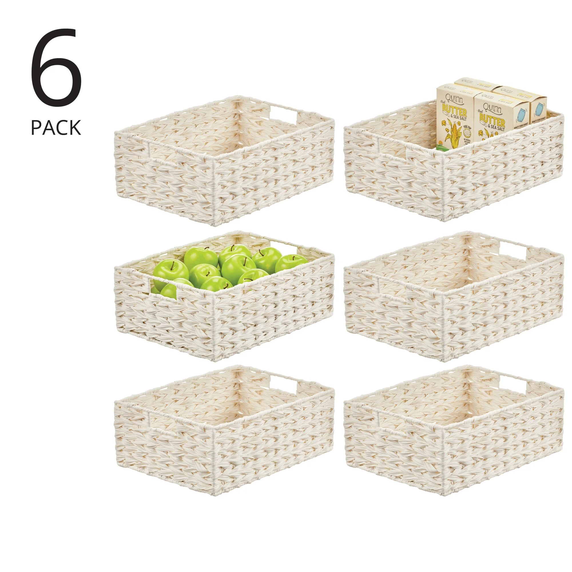 mDesign Woven Farmhouse Kitchen Pantry Food Storage Basket Box, 6 Pack, White
