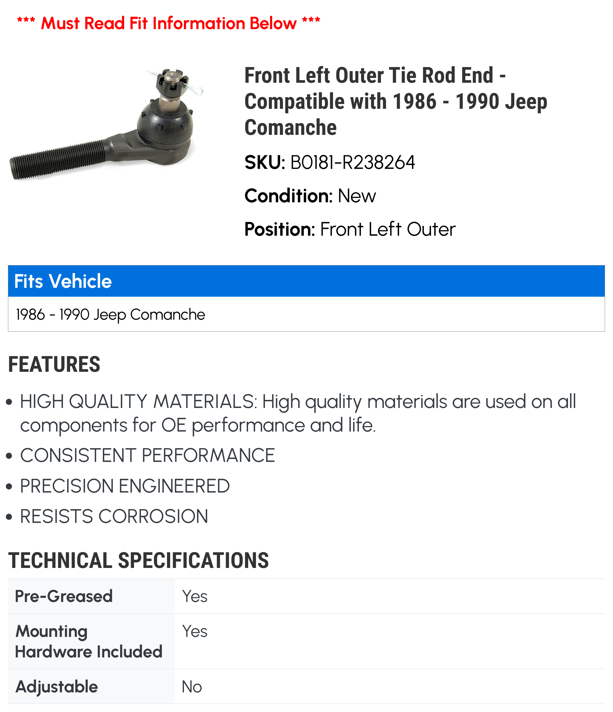 Front Left Outer Tie Rod End - Compatible with 1986 - 1990 Jeep Comanche 1987 1988 1989