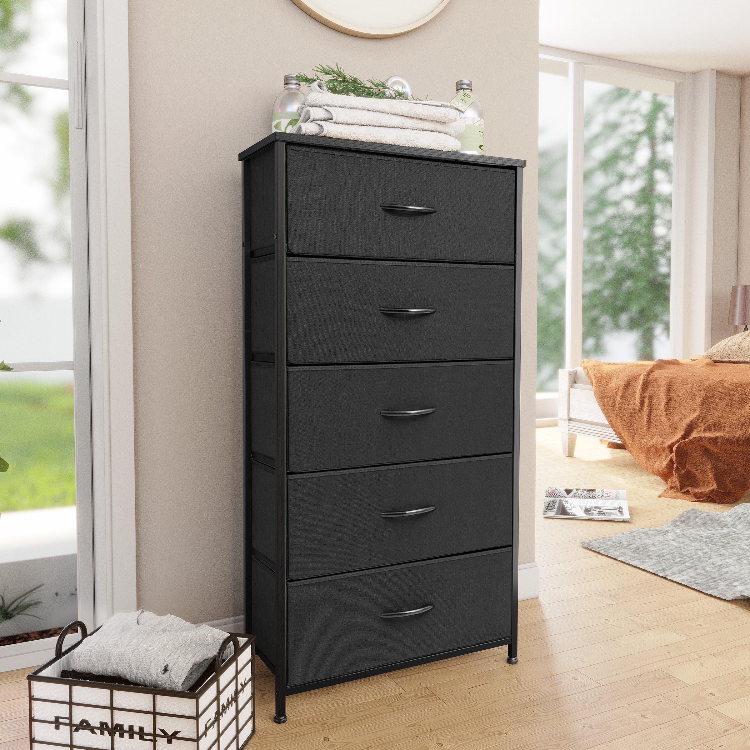 Pellebant  Fabric Vertical Dresser Storage Chest Tower with 5 Drawers Black Dark Wood