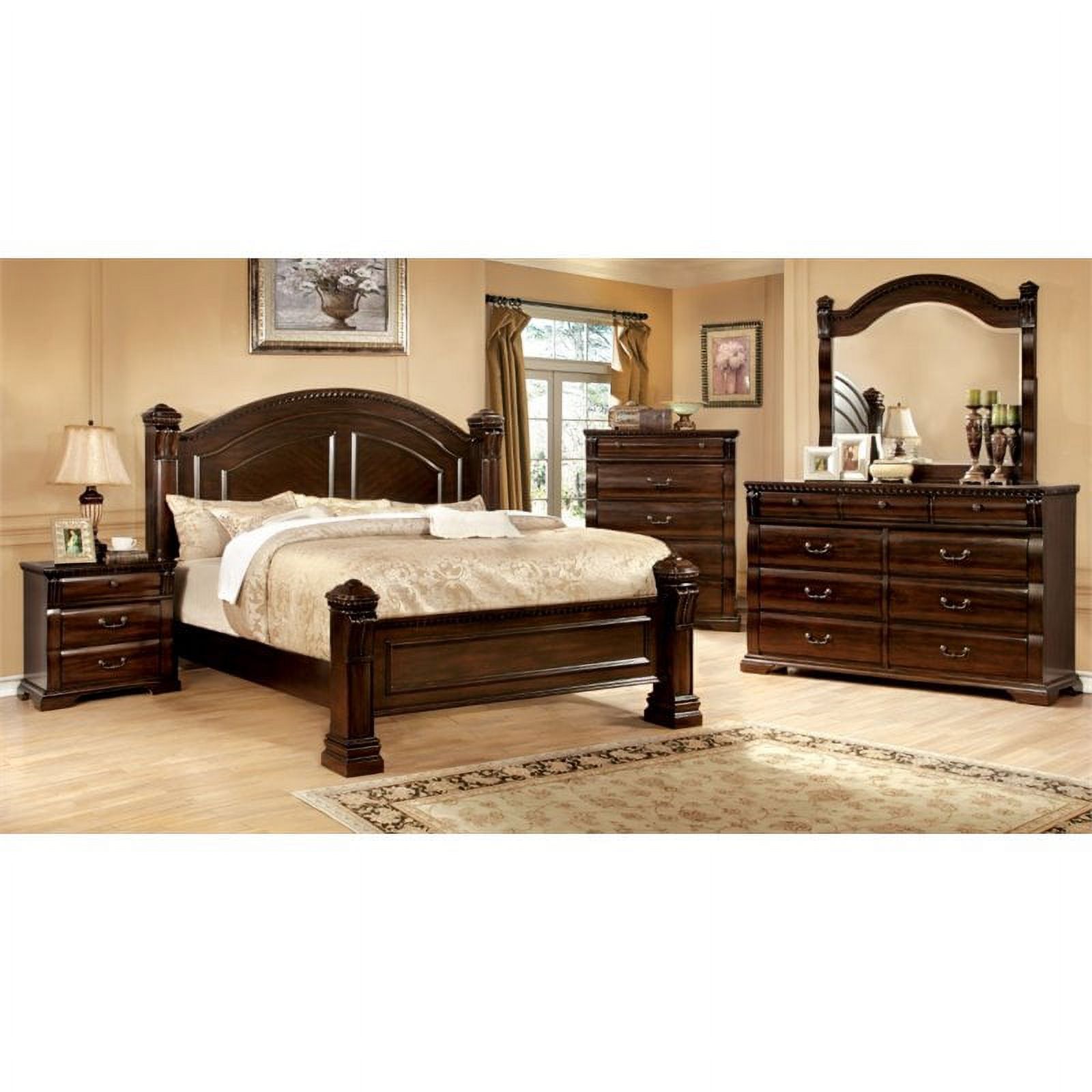FOA Oulette 4pc Cherry Solid Wood Bedroom Set-King+Nightstand+Dresser+Mirror