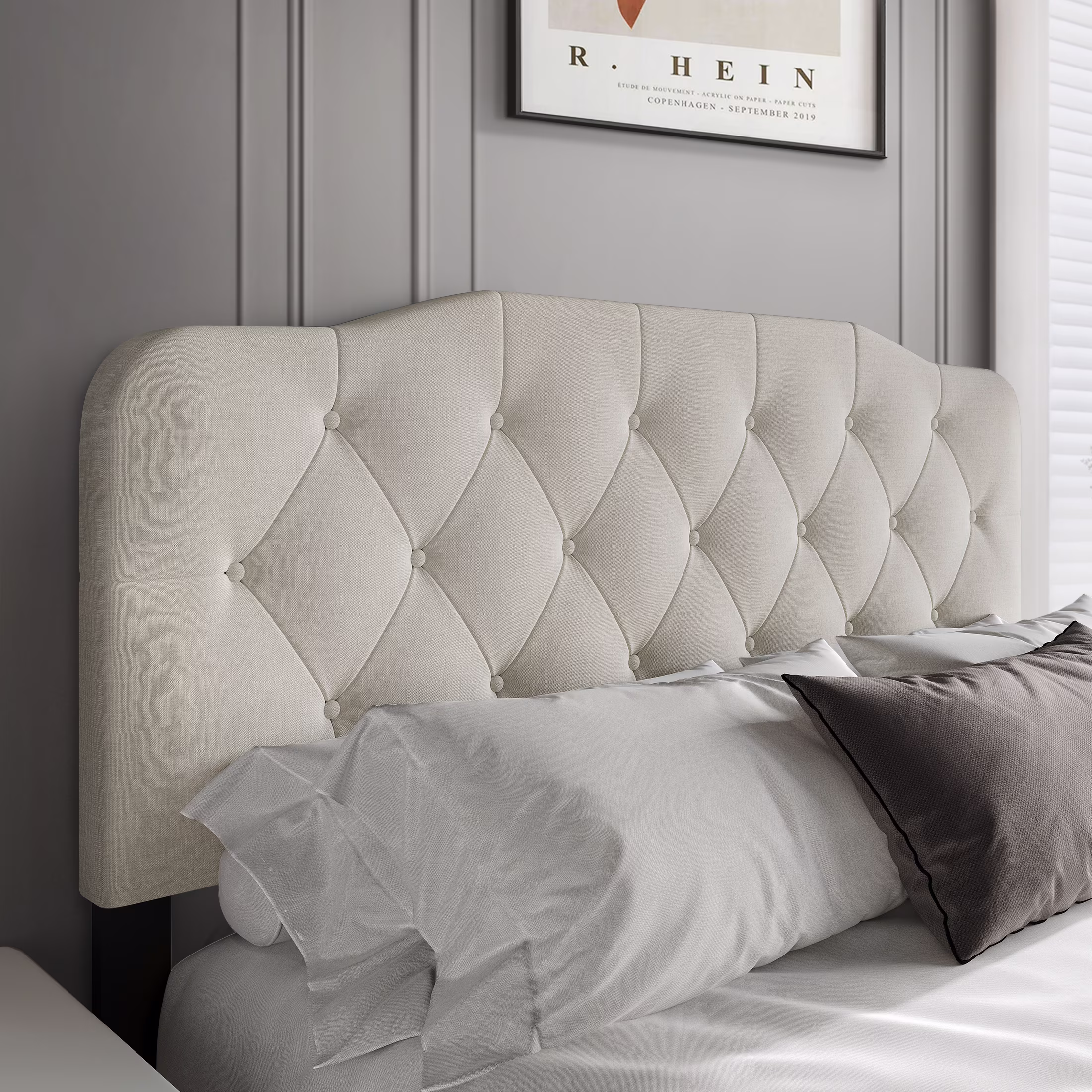 Castle Place Modern Button-Tufted Linen King Upholstered Headboard, Warm Grey