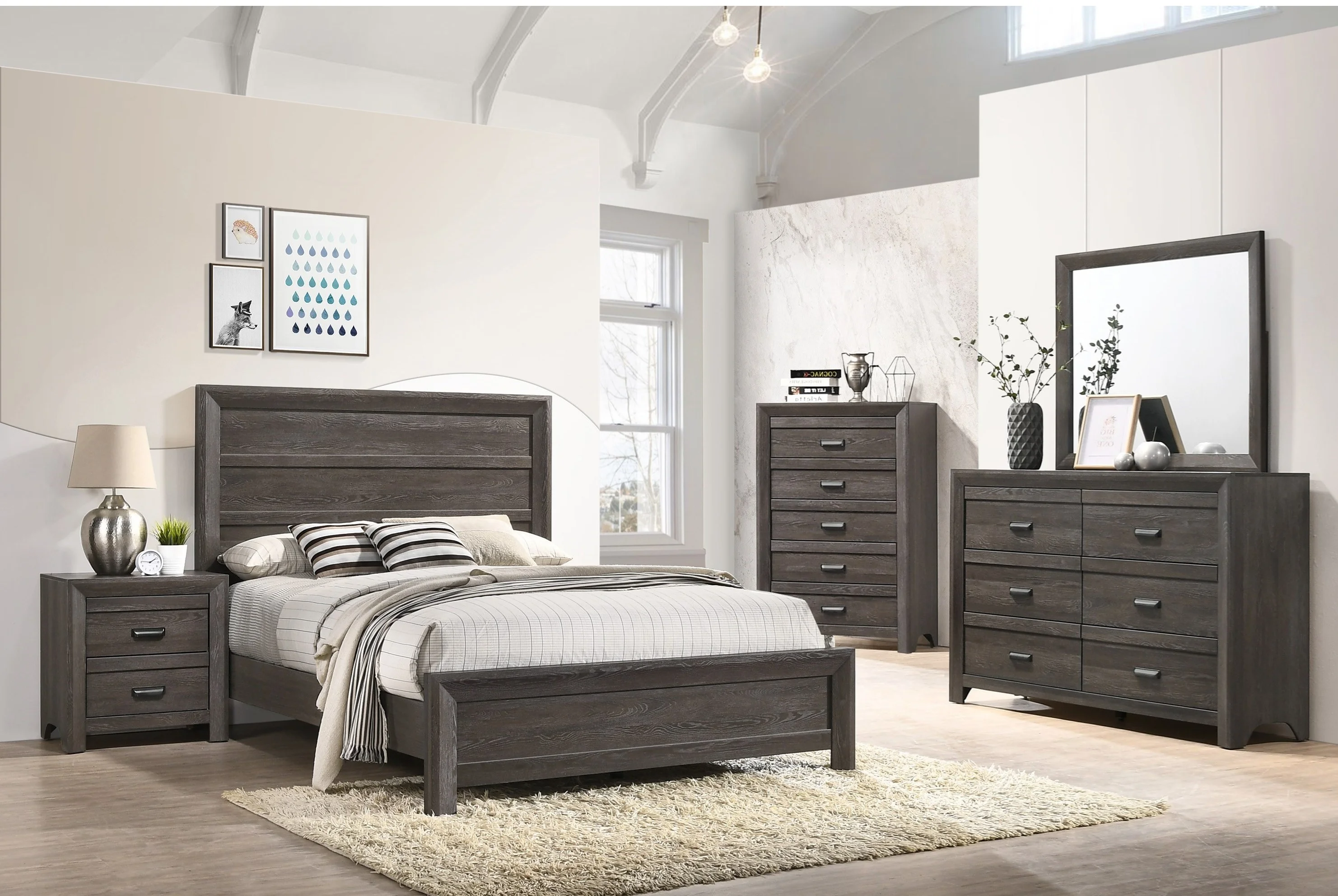 Contemporary Bedroom Furniture King Size Bed Set Dresser Mirror Nightstand Brown Finish 4pc