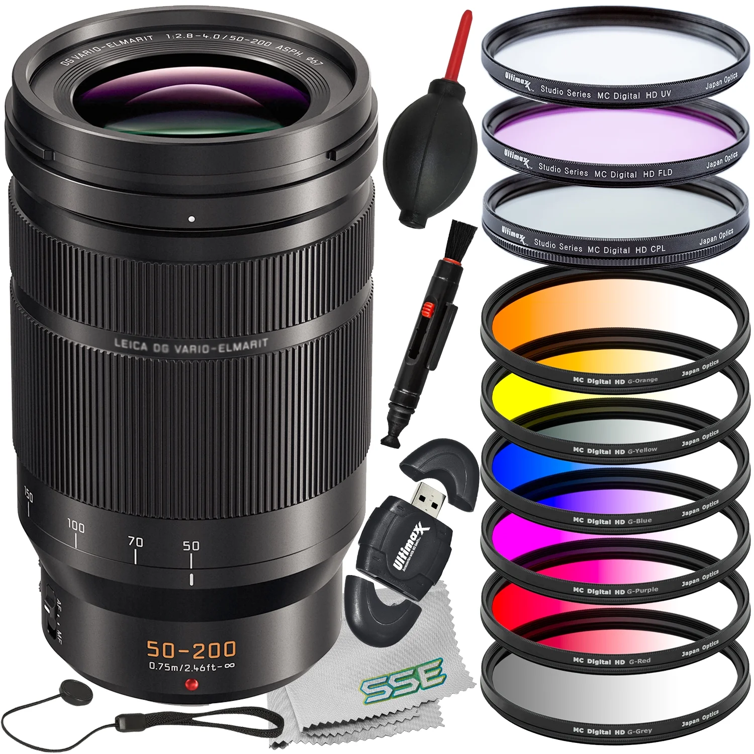 Ultimaxx Essential Panasonic Leica Vario-Elmarit 50-200mm f/2.8-4 POWER O.I.S. Lens Bundle - Includes: 6PC Gradual Color Filter Kit, 3PC Protective Filter Kit & More (19pc Bundle)