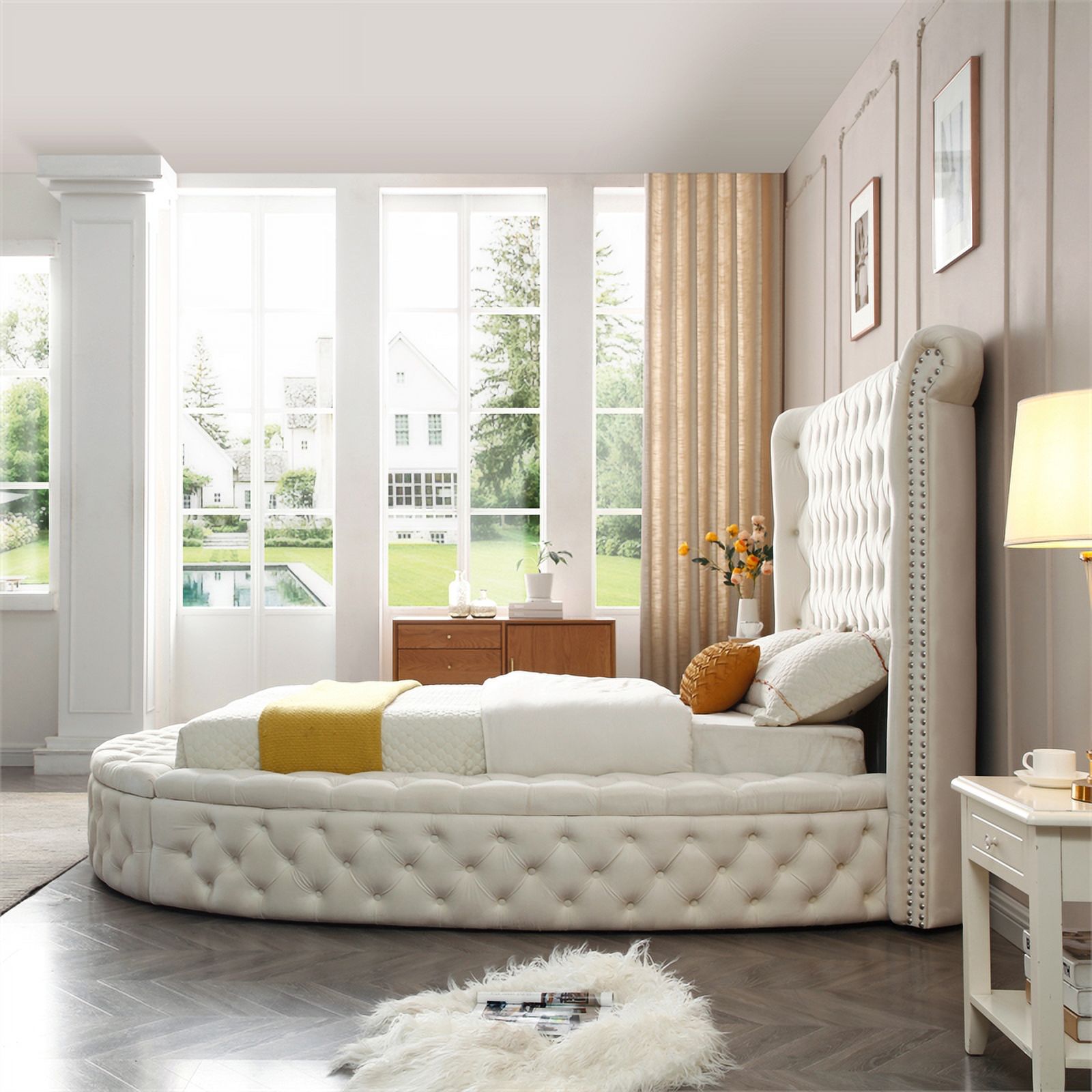 Home Square 2-Piece Set with Upholstered King Bed & 5 Drawer Chest in Cream