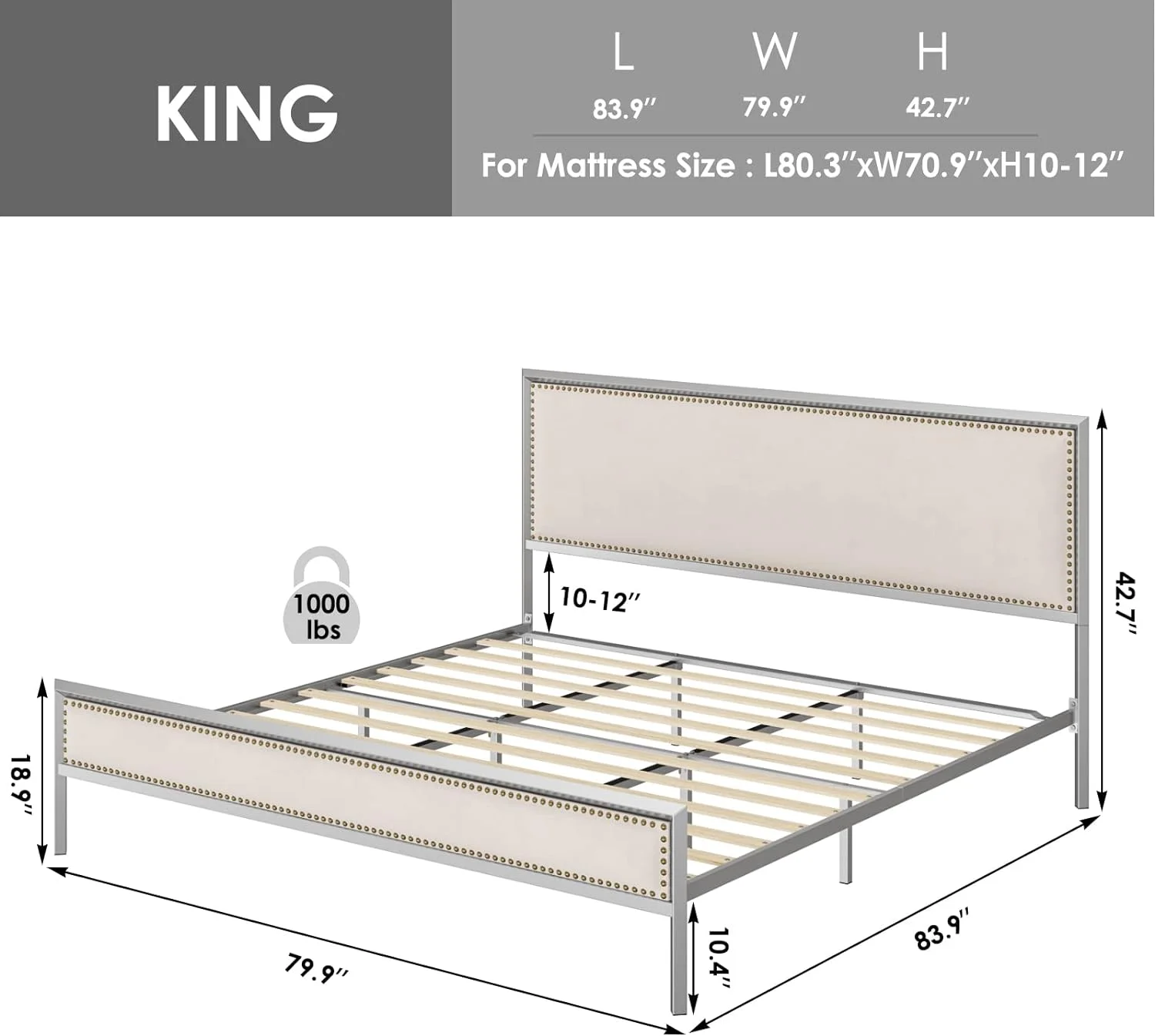 Popular HITHOS Queen Size Gold Metal Bed Frame with Linen Upholstered Headboard  Platform Bed with 10.4" Under Bed Storage  Mattress Foundation with Nailhead  No Box Spring Needed (Qu