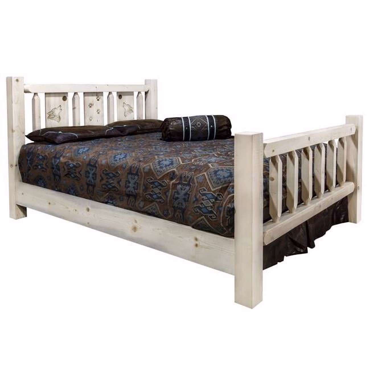 Homestead Collection Queen Size Bed with Laser Engraved Wolf Design, Clear Lacquer Finish