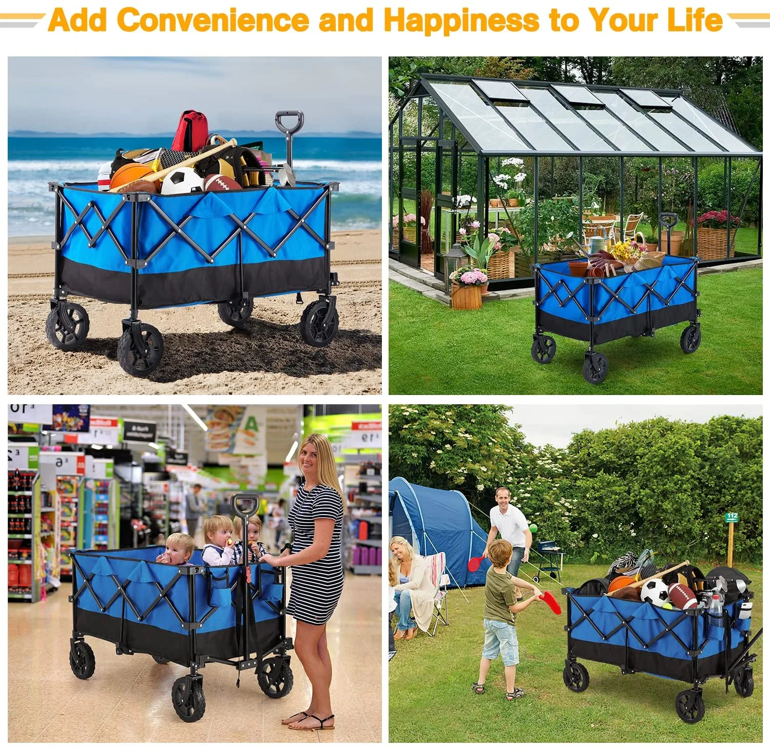 Hommow Folding Wagon Cart, Outdoor Utility Foldable Trolley for Travel, Shopping, Camping, Blue