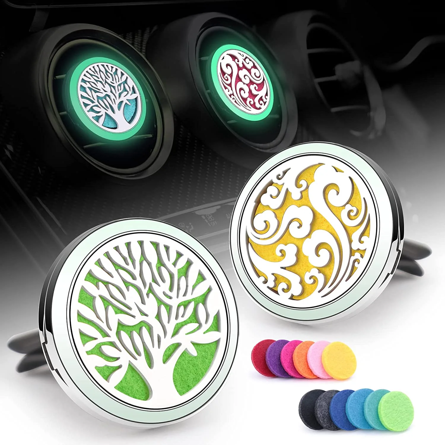 30mm Car Aromatherapy Essential Oil Diffuser Exhaust Clip, Fluorescent Green Cloud Stainless Steel Small Case with 12 Felt Pads