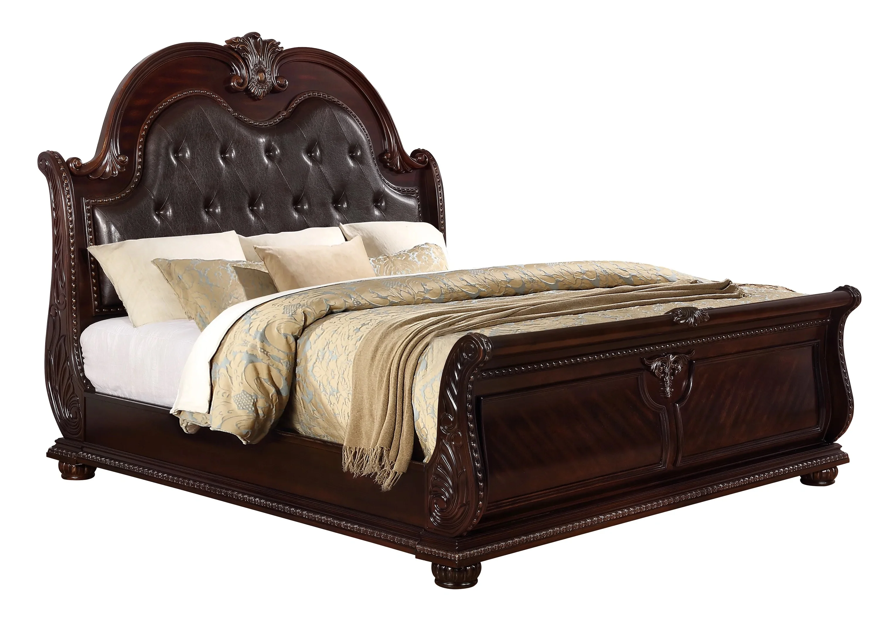 Traditional Formal 1pc Queen Size Faux Leather Upholstery Panel Bed Cherry Finish Marble Top Solid Wood Furniture