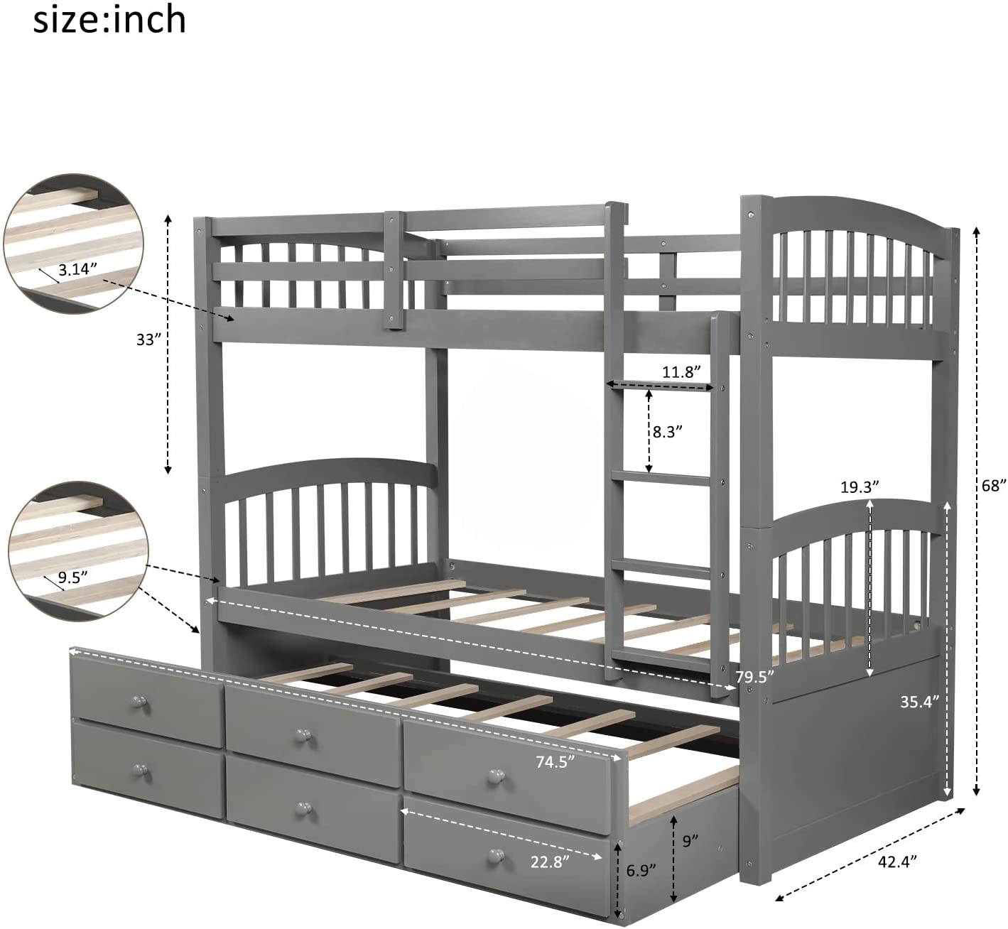 Over Bunk Bed With Ladder And Storage Drawers, Wood Bunk Bed With Safety Rail And Trundle For Kids Teens Adults, Can Be Separated Into 3 Bed (Gray)
