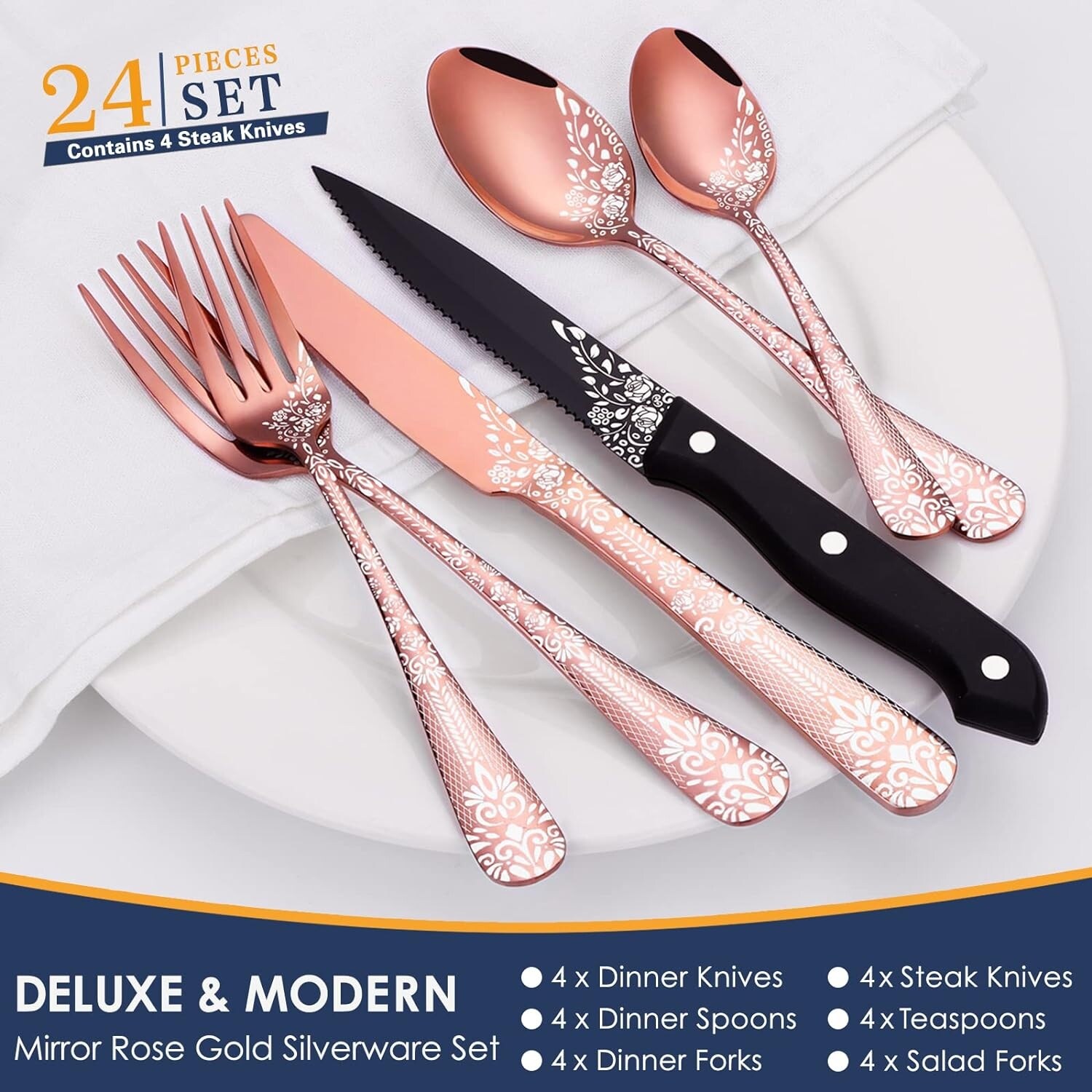 24-piece Flatware Set, Unique Pattern Design Rose Gold
