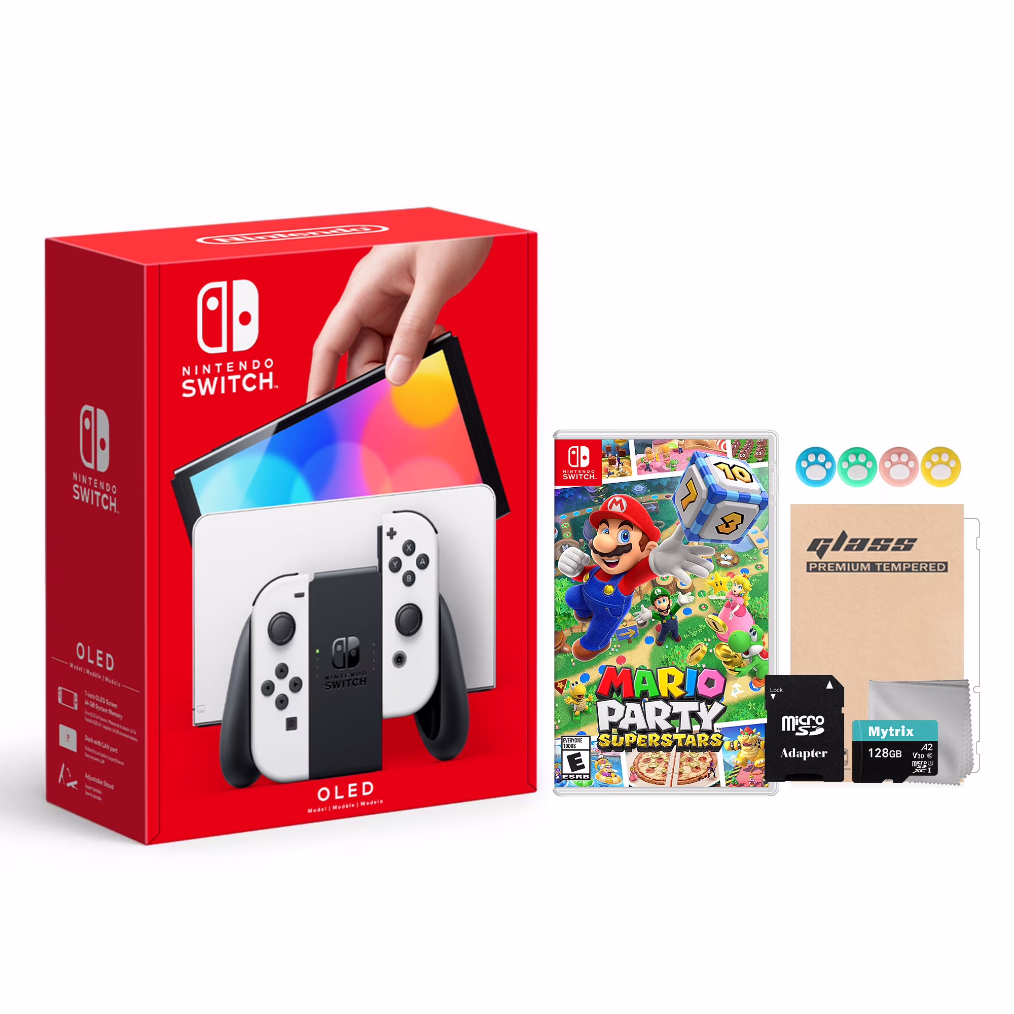 Switch OLED Model White 64GB Console HD Screen & LAN-Port Dock with Mario Party Superstars Game, Mytrix 128GB SD Card, Screen Protector and Joy-Stick Caps Best Holiday Gift