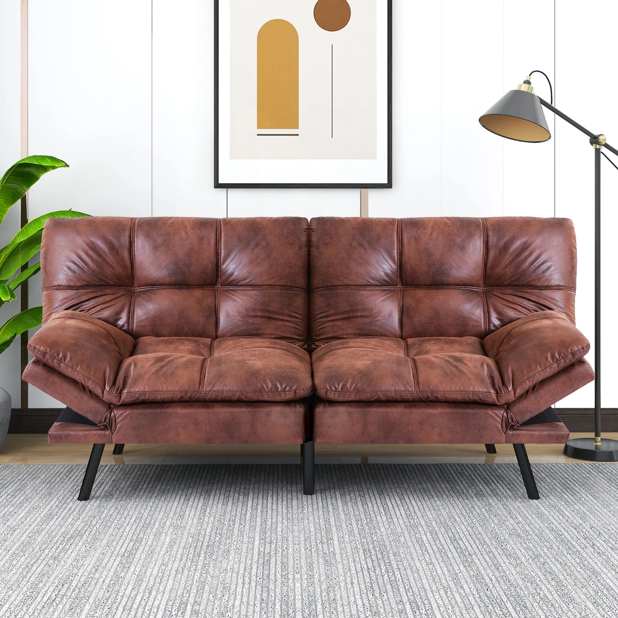 Airdown Sofa, with Armrests And Metal Legs, Convertible Futon Sofa Bed, Brown