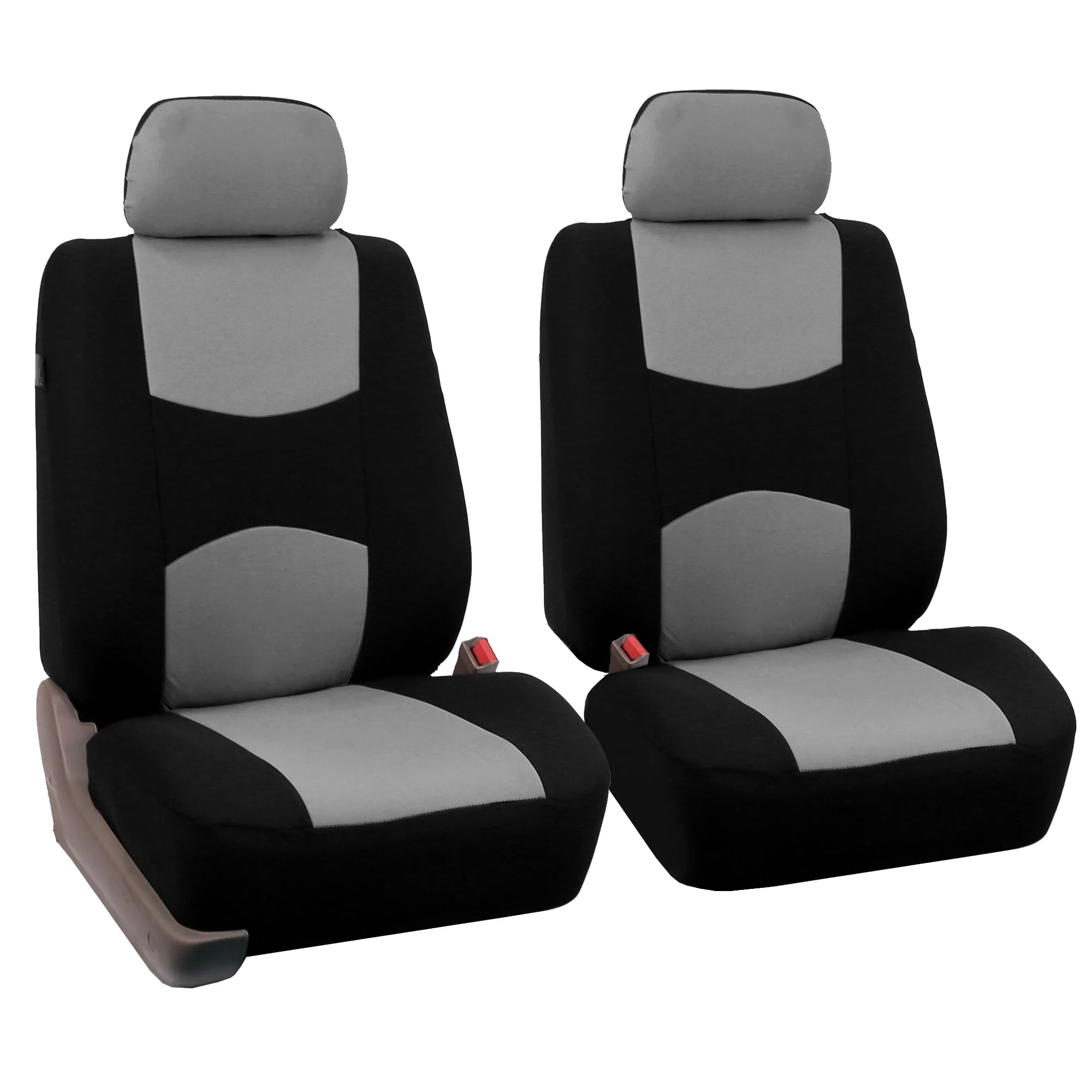 FH Group Flat Cloth Seat Covers for Auto, Full Set with Leather Steering Wheel Cover, Gray Black