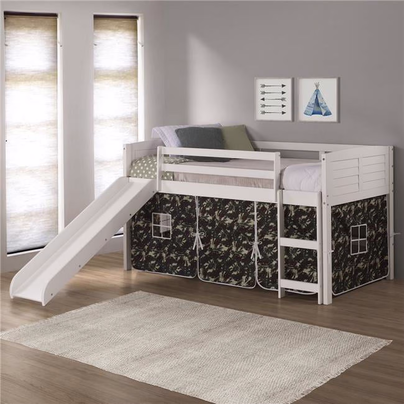 Donco Kids PD-790ATW-C-785W Twin Size Louver Low Loft Bed with Slide & Camo Tent in White