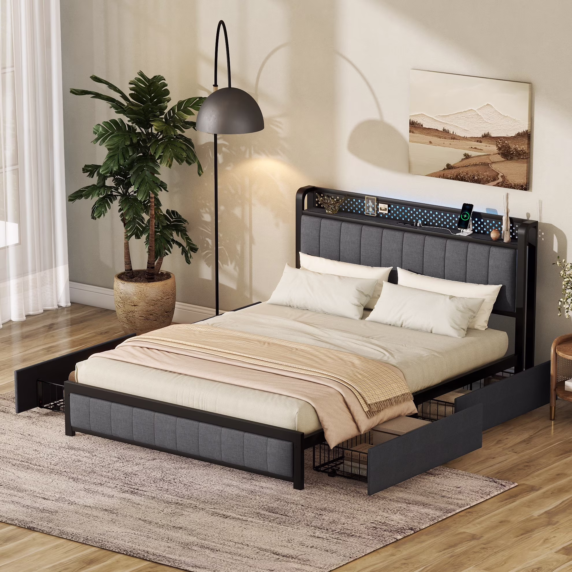 Bellemave Queen Size Bed Frame, LED Platform Bed Frame with Storage Headboard & Charging Station, Upholstered Bed with 4 Storage Drawers, Heavy Duty Metal Frame,Dark Gray