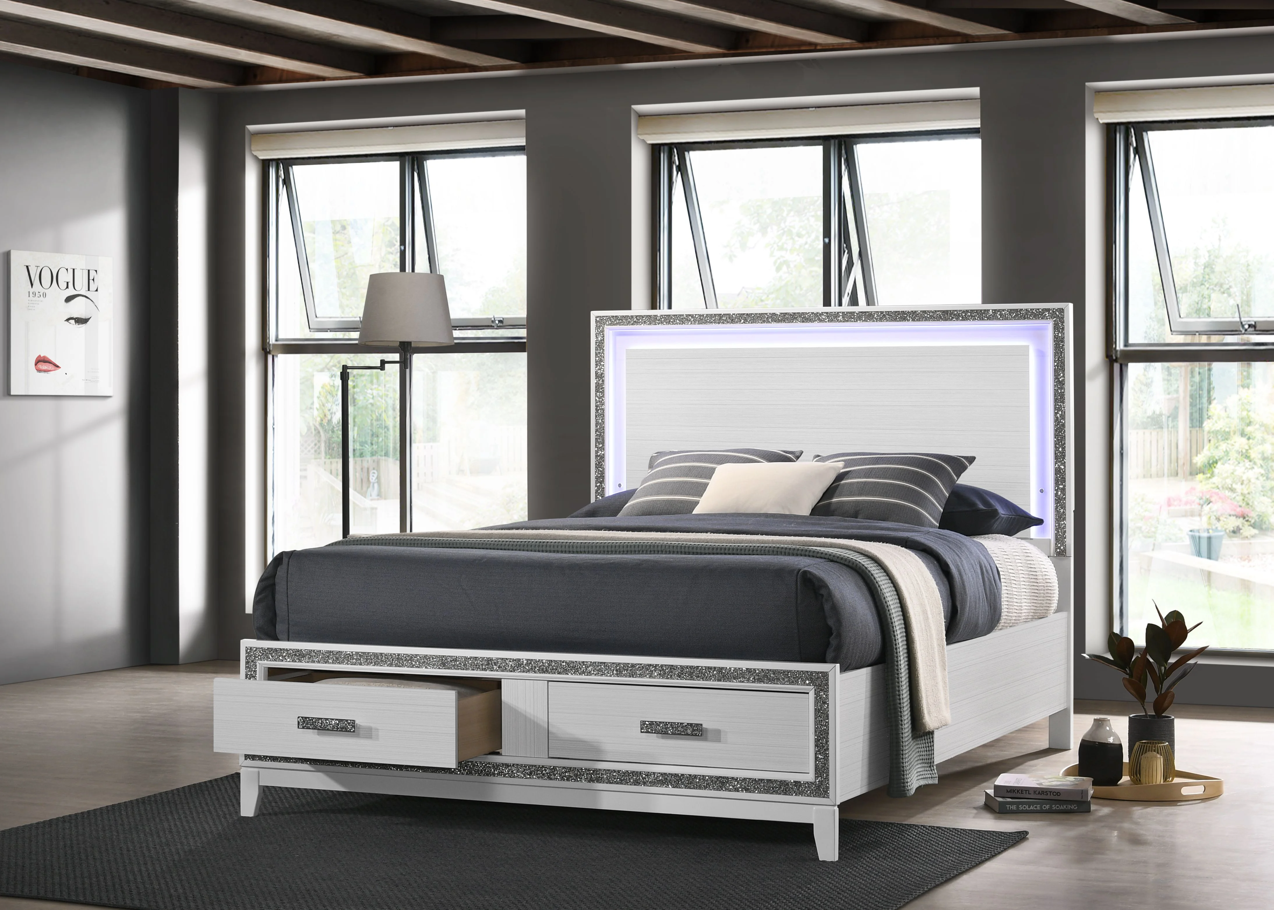 ACME Haiden 2-Drawer Wooden Eastern King Bed with LED in White