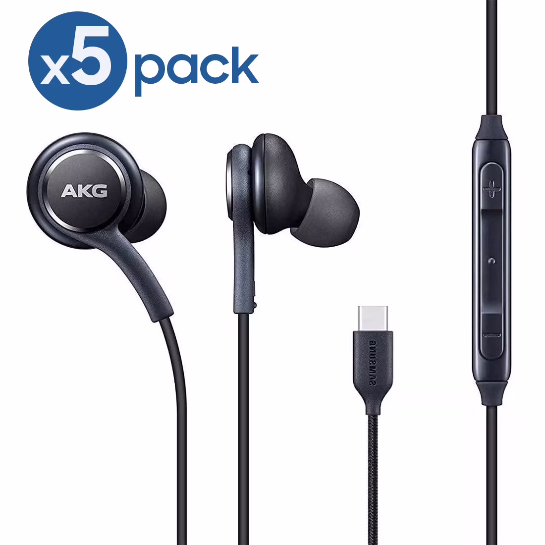 5-Pack AFFLUX 2020 Earbuds Stereo Headphones for Samsung Galaxy Note20, Note20 Ultra, Galaxy S10, S20, S21, S22, S23 - Designed by AKG - Braided Cable with Microphone and Volume Remote, USB Type-C