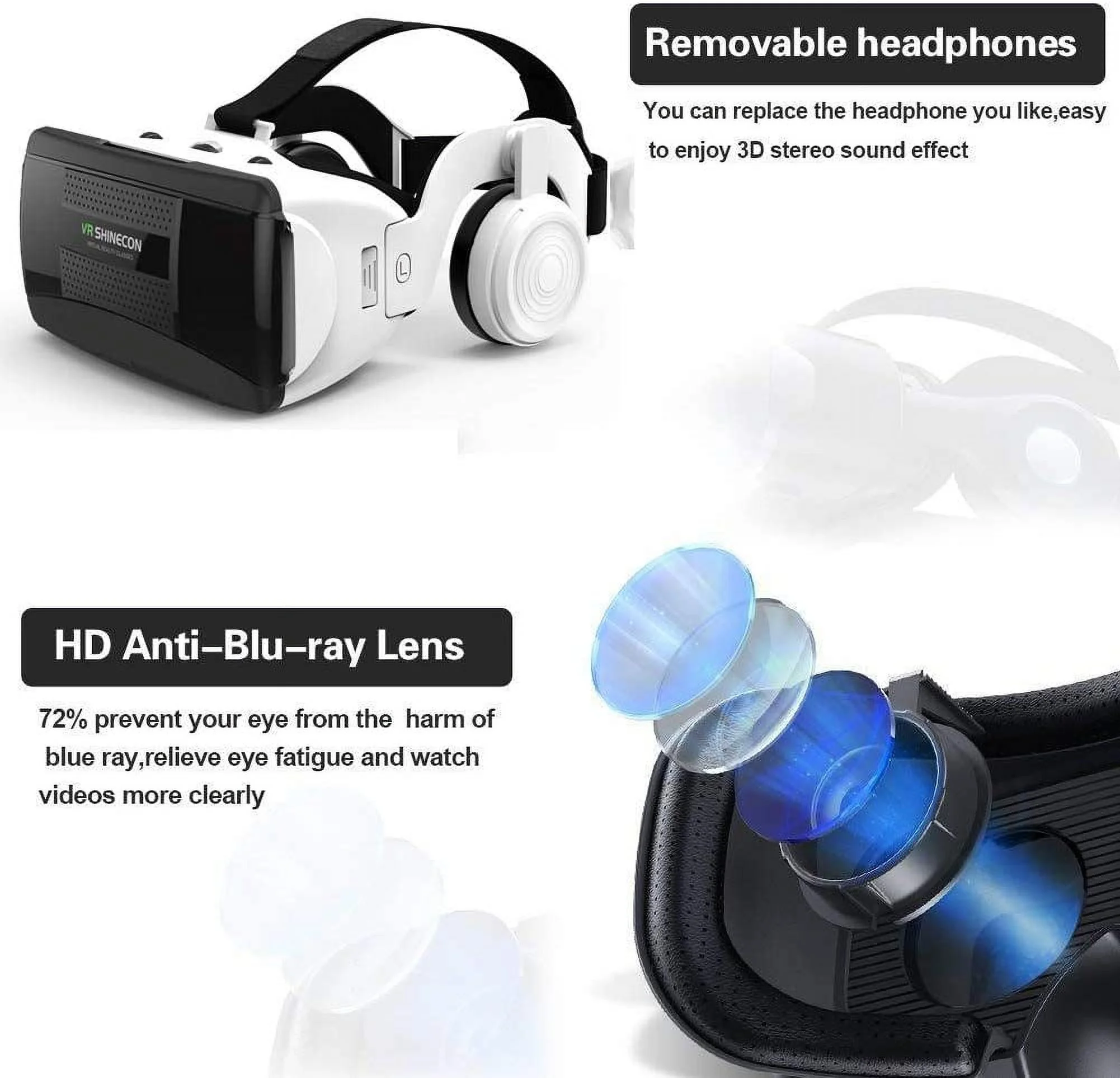2023 VR Headset Compatible with iOS/Android 3D Virtual Reality Glasses with remote Controller Headphones Adjustable 3d Glasses
