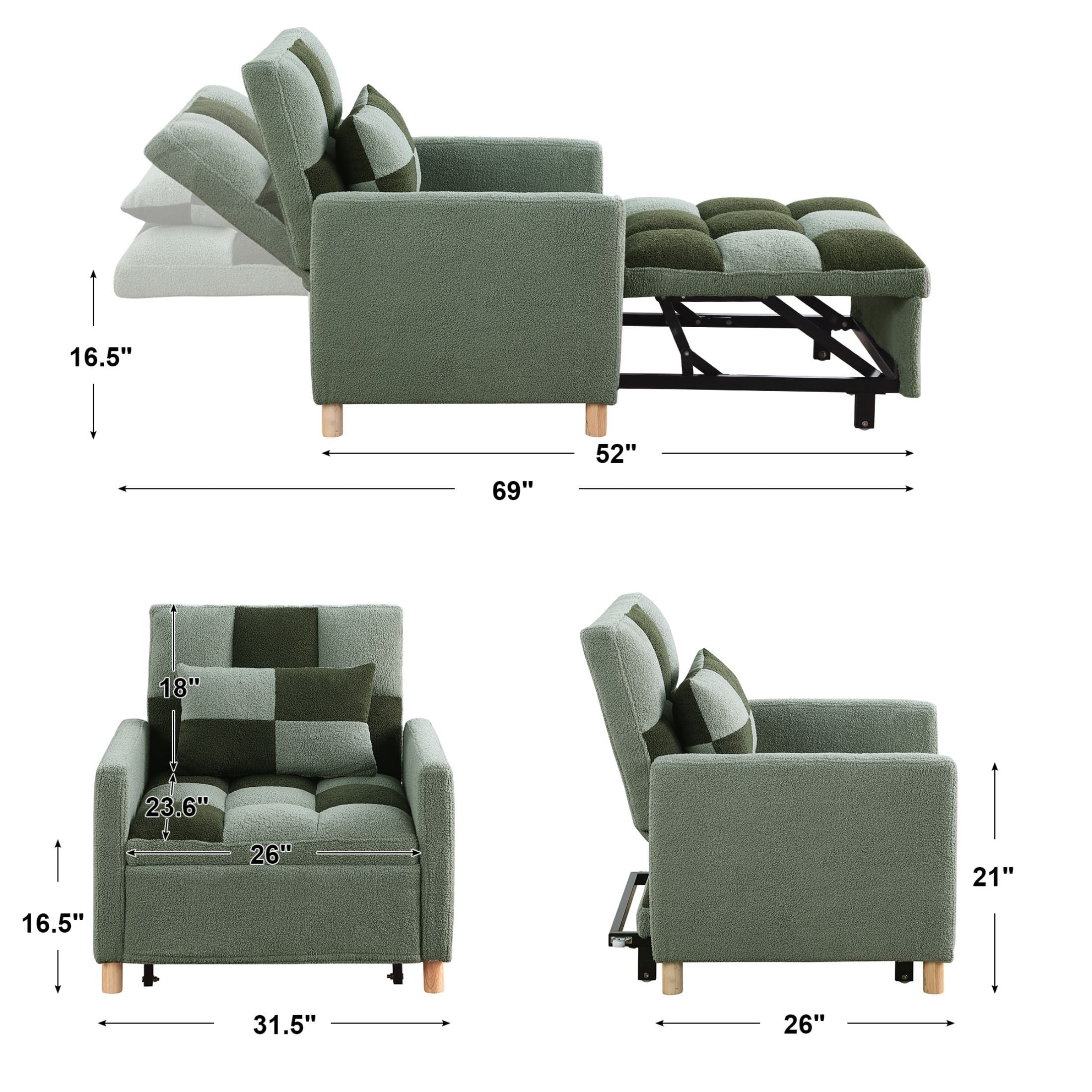 Zechuan Convertible Sleeper Sofa Chair Bed,Adjustable Chair with Pillow,Multi-Functional Sleeper Chair with Soft Teddy Fabric