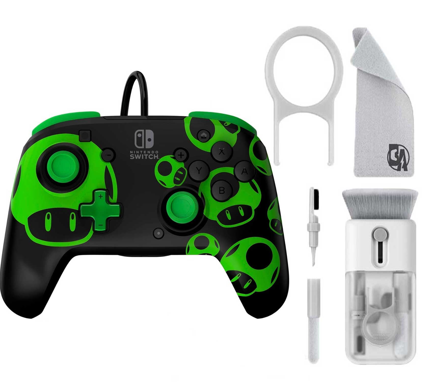 PDP REMATCH Wired Controller: 1-Up Glow in the Dark For Nintendo Switch, Nintendo Switch - OLED Model - 1-Up Glow-in-the-Dark With Cleaning Electric kit Bolt Axtion Bundle Used