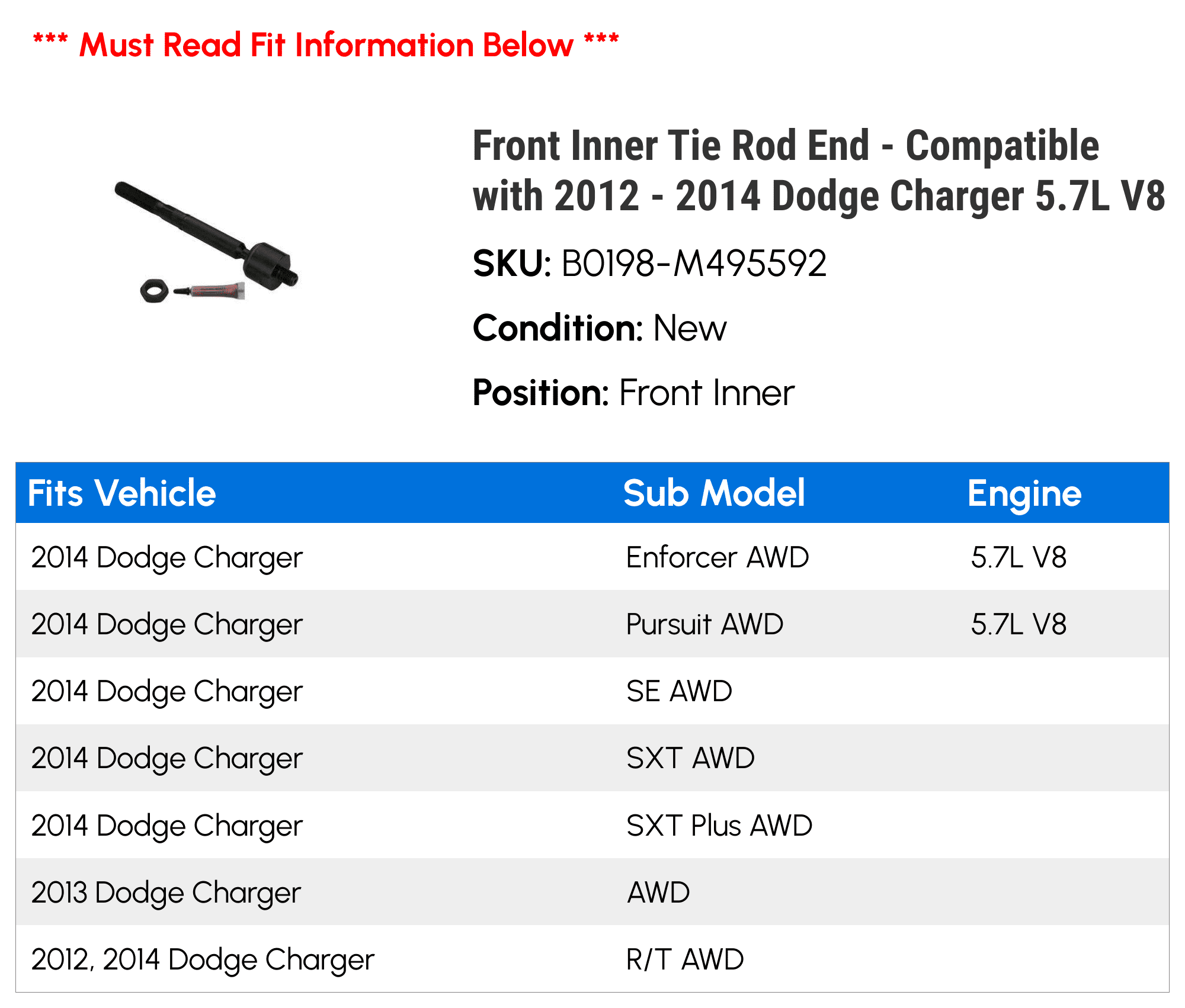 Front Inner Tie Rod End - Compatible with 2012 - 2014 Dodge Charger 5.7L V8 2013