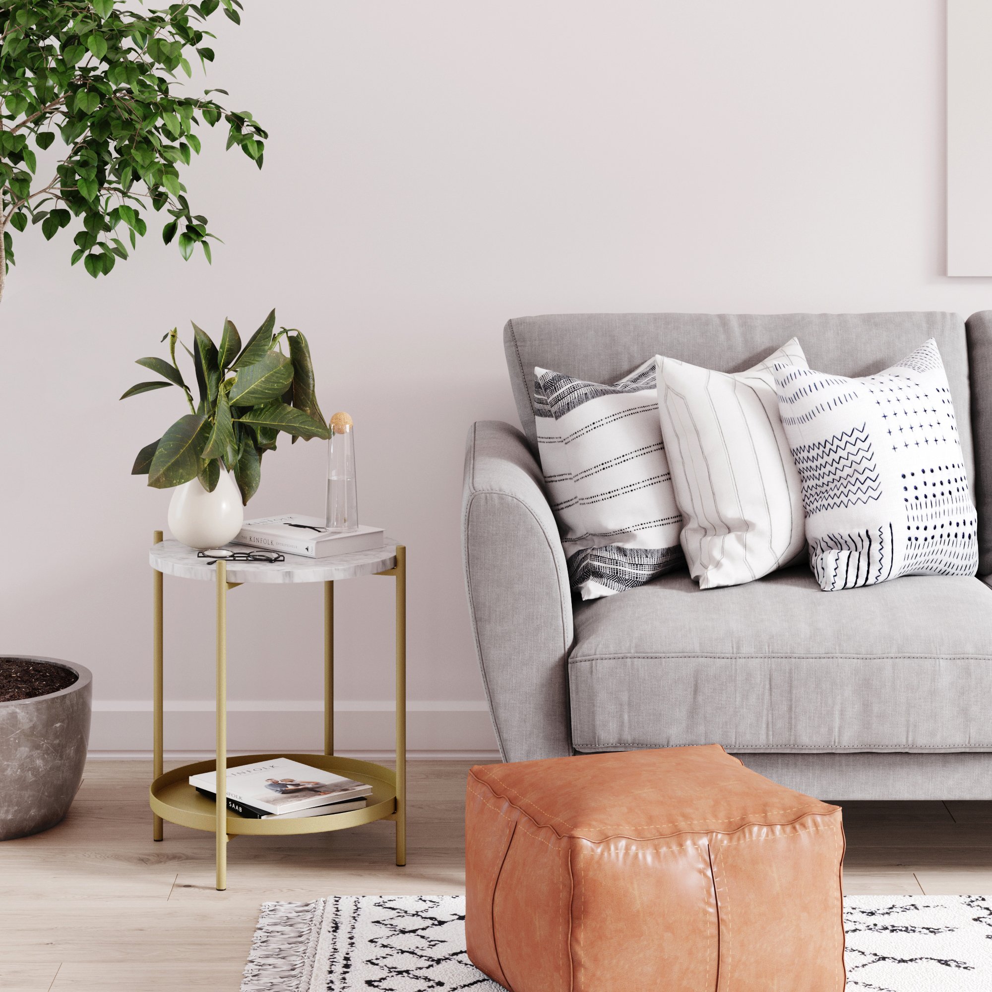 Nathan James Alexis White Faux Marble with Gold Brass Metal Frame Round End Side Table