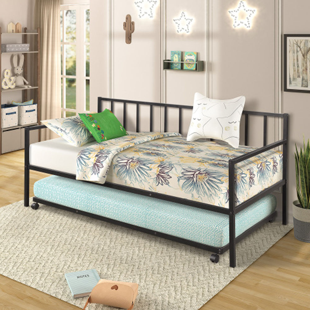 Twin Daybed with Trundle Multifunctional Metal Lounge Daybed Frame - Black