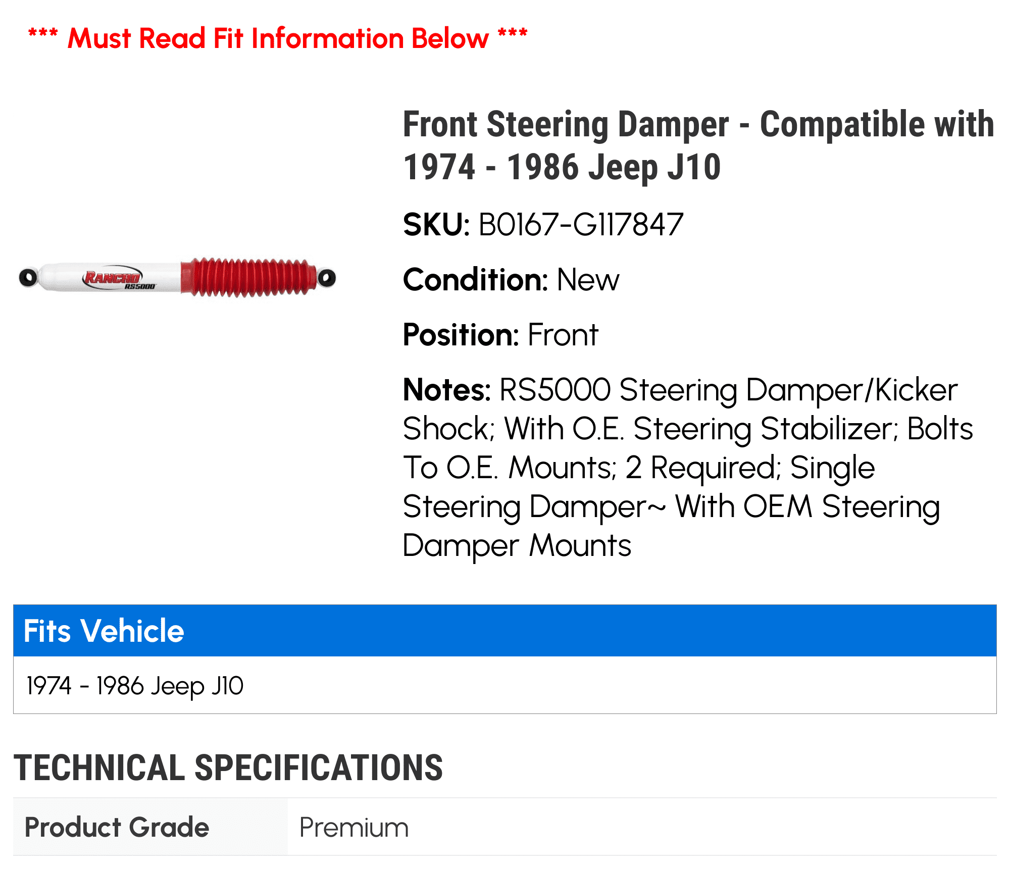 Front Steering Damper - Compatible with 1974 - 1986 Jeep J10 1975 1976 1977 1978 1979 1980 1981 1982 1983 1984 1985