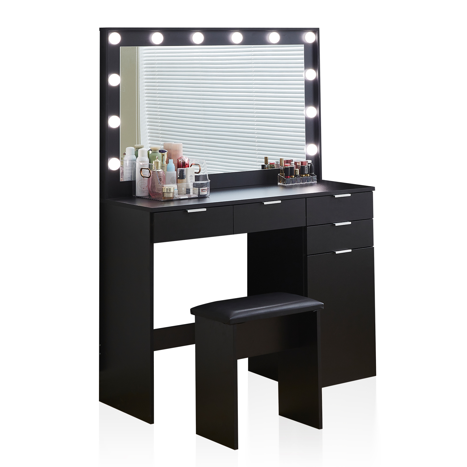 Clipop Makeup Vanity Set with Vanity Stool,4 Drawers & Storage Cabinet，with Large Mirror & 3 Colors LED Lights,Black
