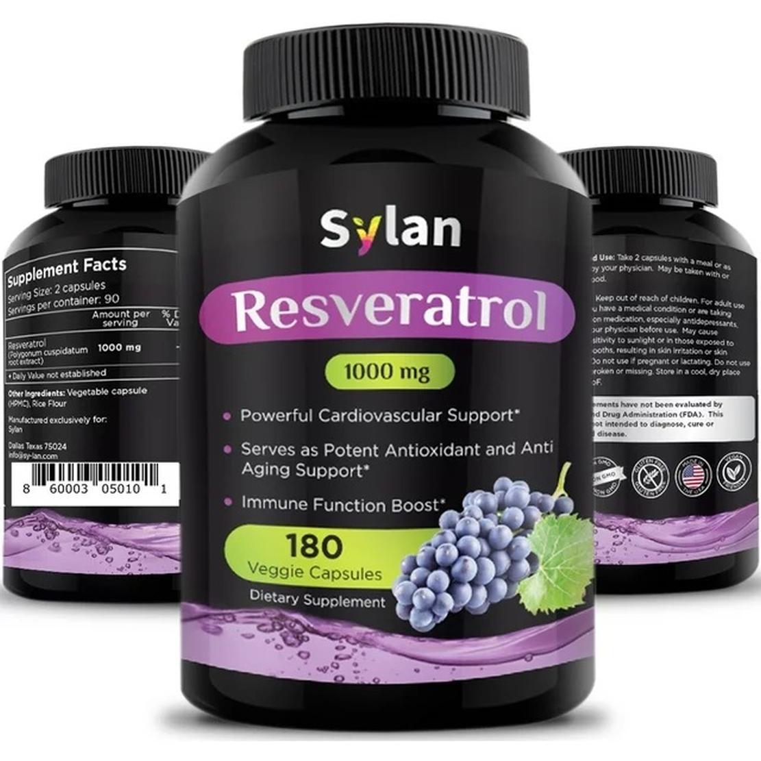 Sylan Trans Resveratrol Supplement Antioxidant 1000mg Anti-Aging Supplements 180 Capsules