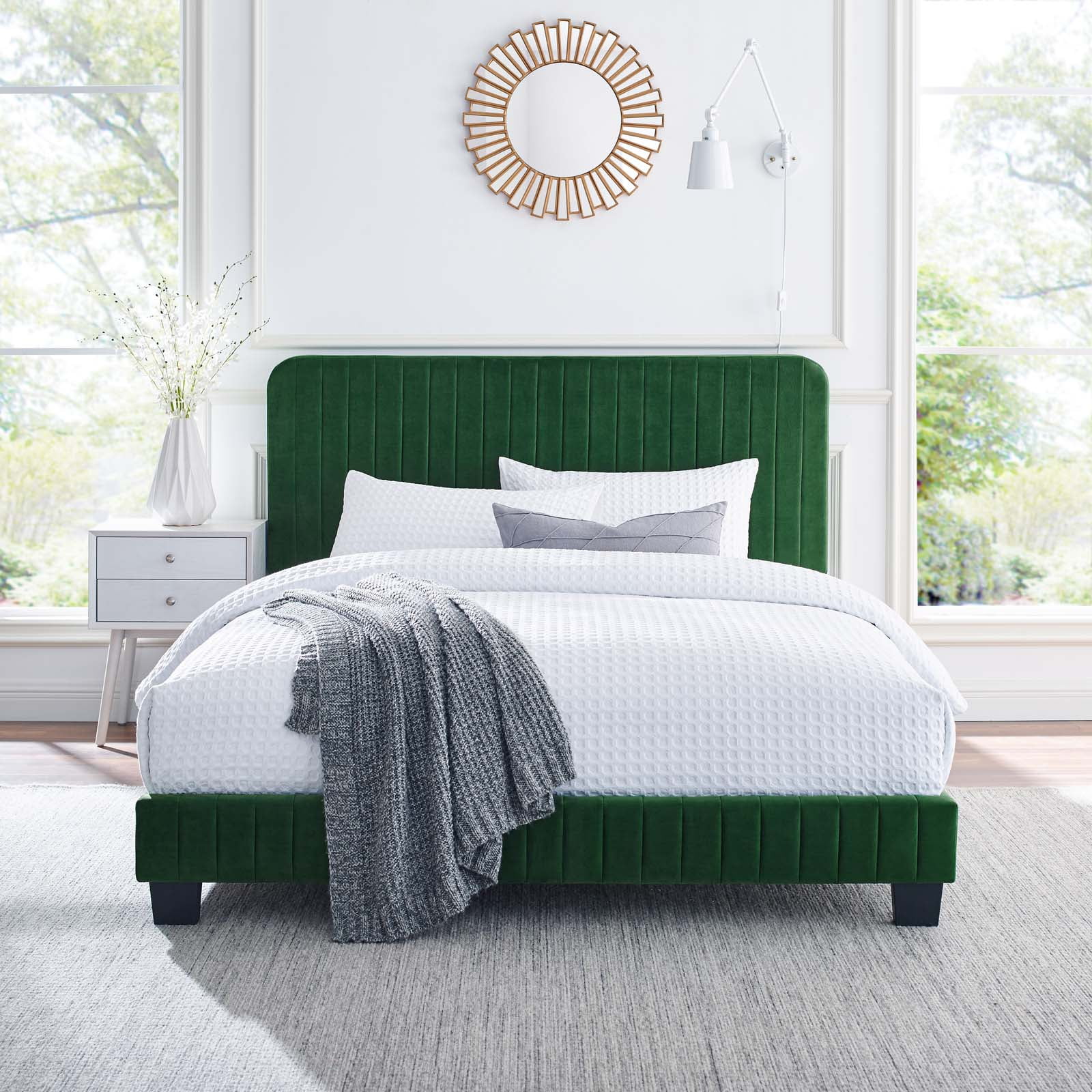 Tufted Platform Bed Frame, King Size, Velvet, Green, Modern Contemporary Urban Design, Bedroom Master Guest Suite