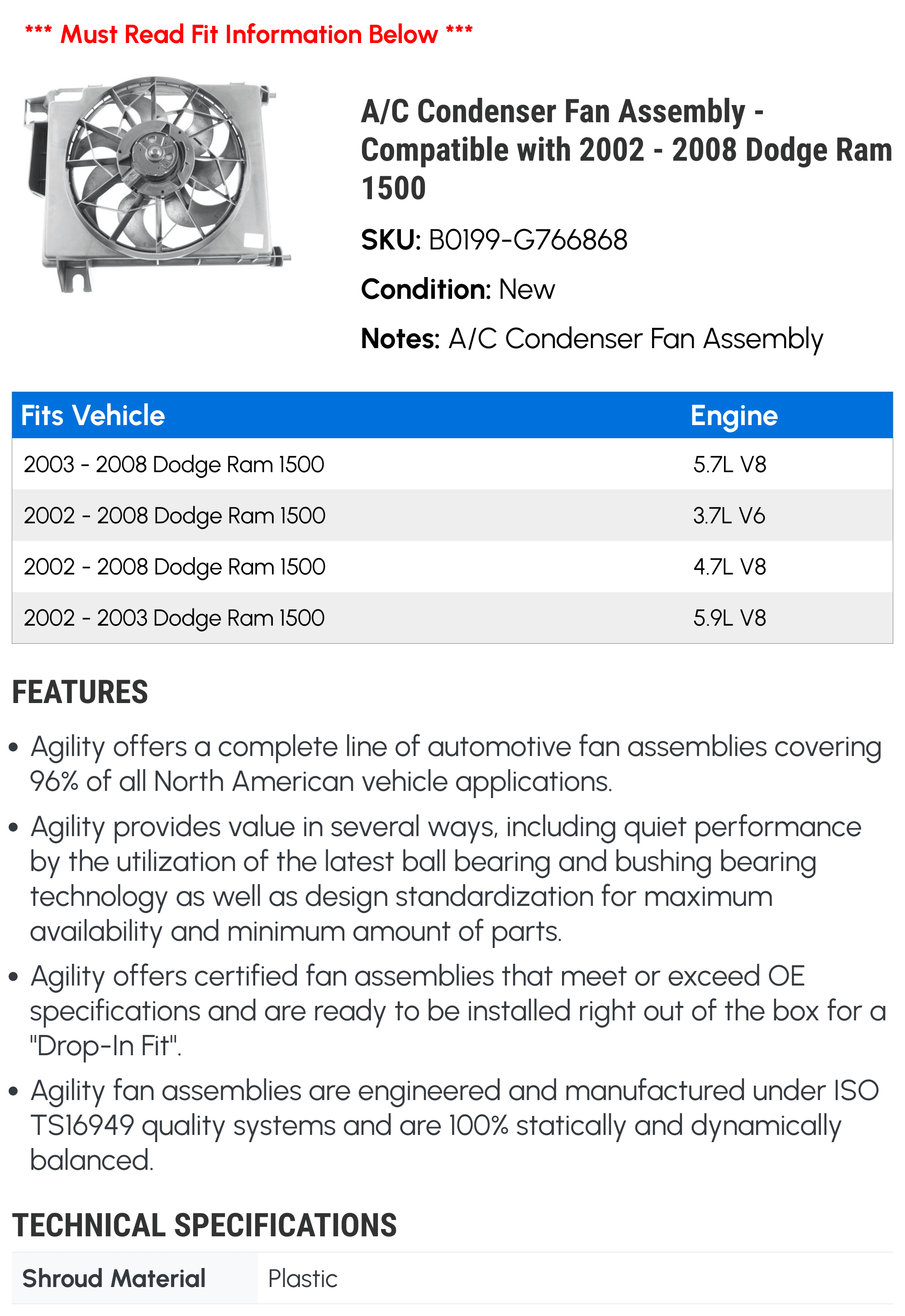 A/C Condenser Fan Assembly - Compatible with 2002 - 2008 Dodge Ram 1500 2003 2004 2005 2006 2007