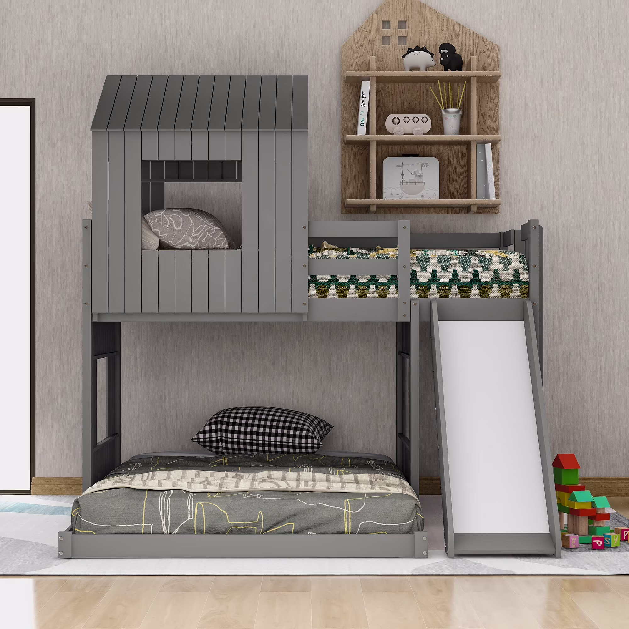 Twin Over Full Bunk Bed for Kids Teens, Solid Wood Full Bunk Bed Frame with Window, Guardrail, Slide, Roof for Boys & Girls