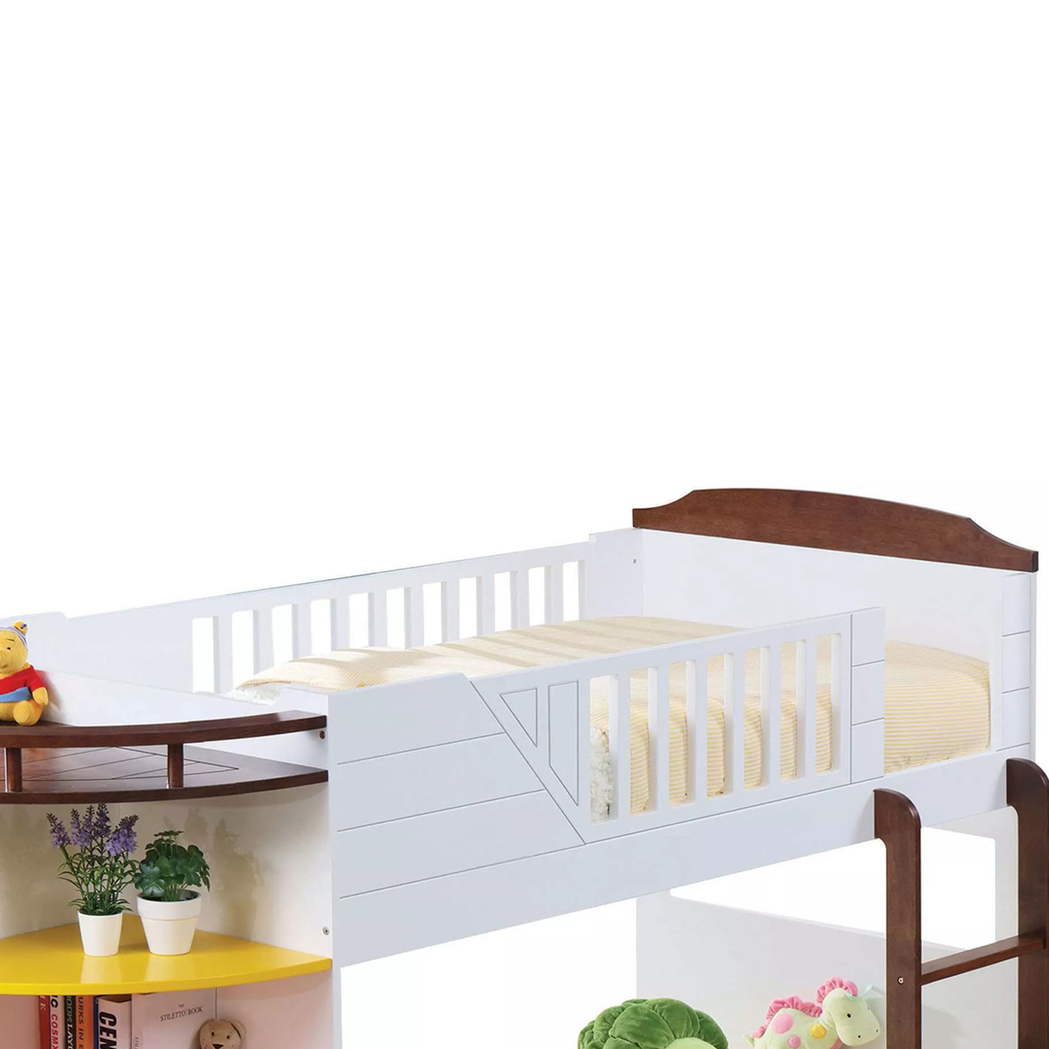 Wooden Twin/Twin Bunk Bed with Storage Shelves in White & Chocolate