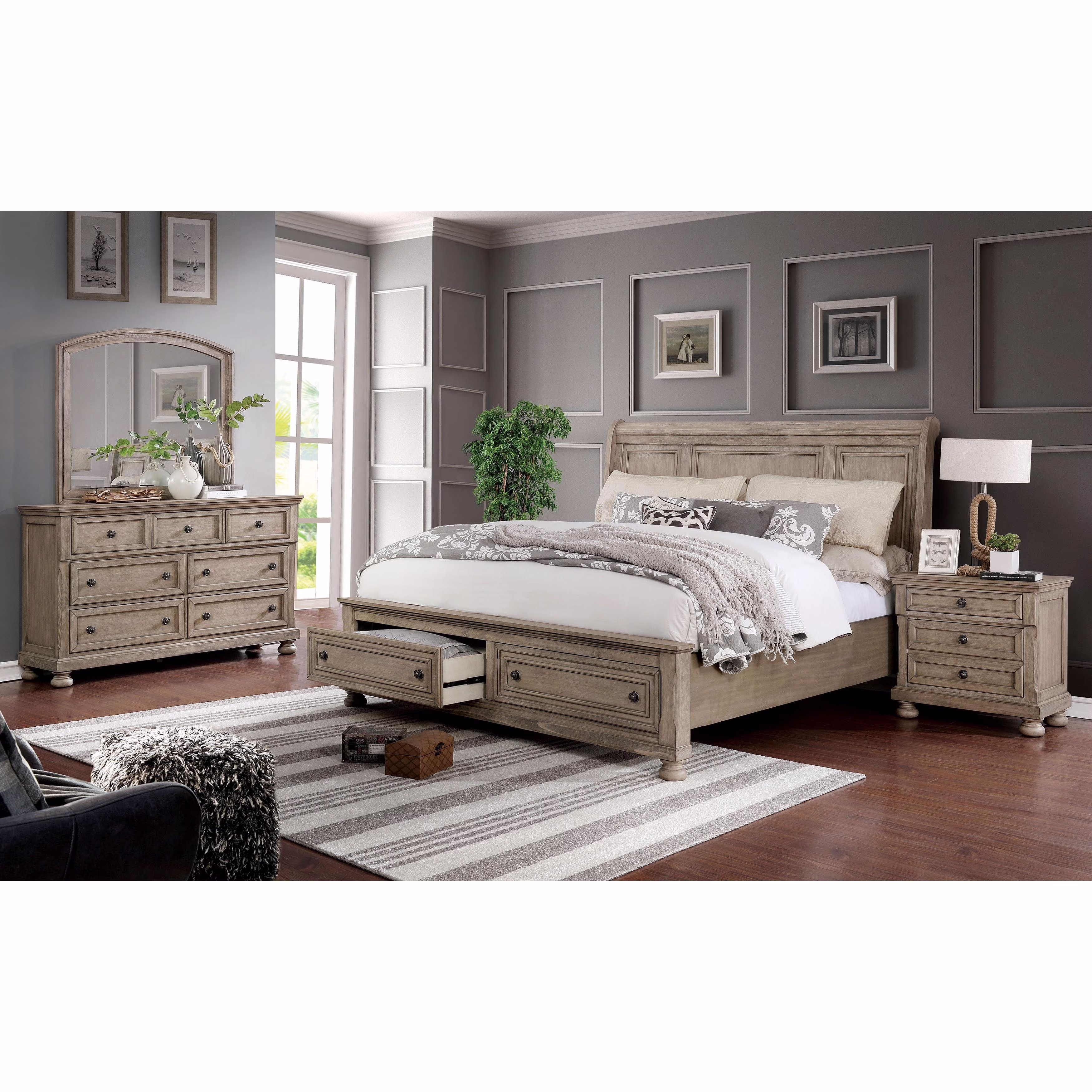 Carbon Loft Nahkohe Transitional Grey Wood 3-Piece Storage Sleigh Bed, Nightstand and Dresser Set with USB by  Queen