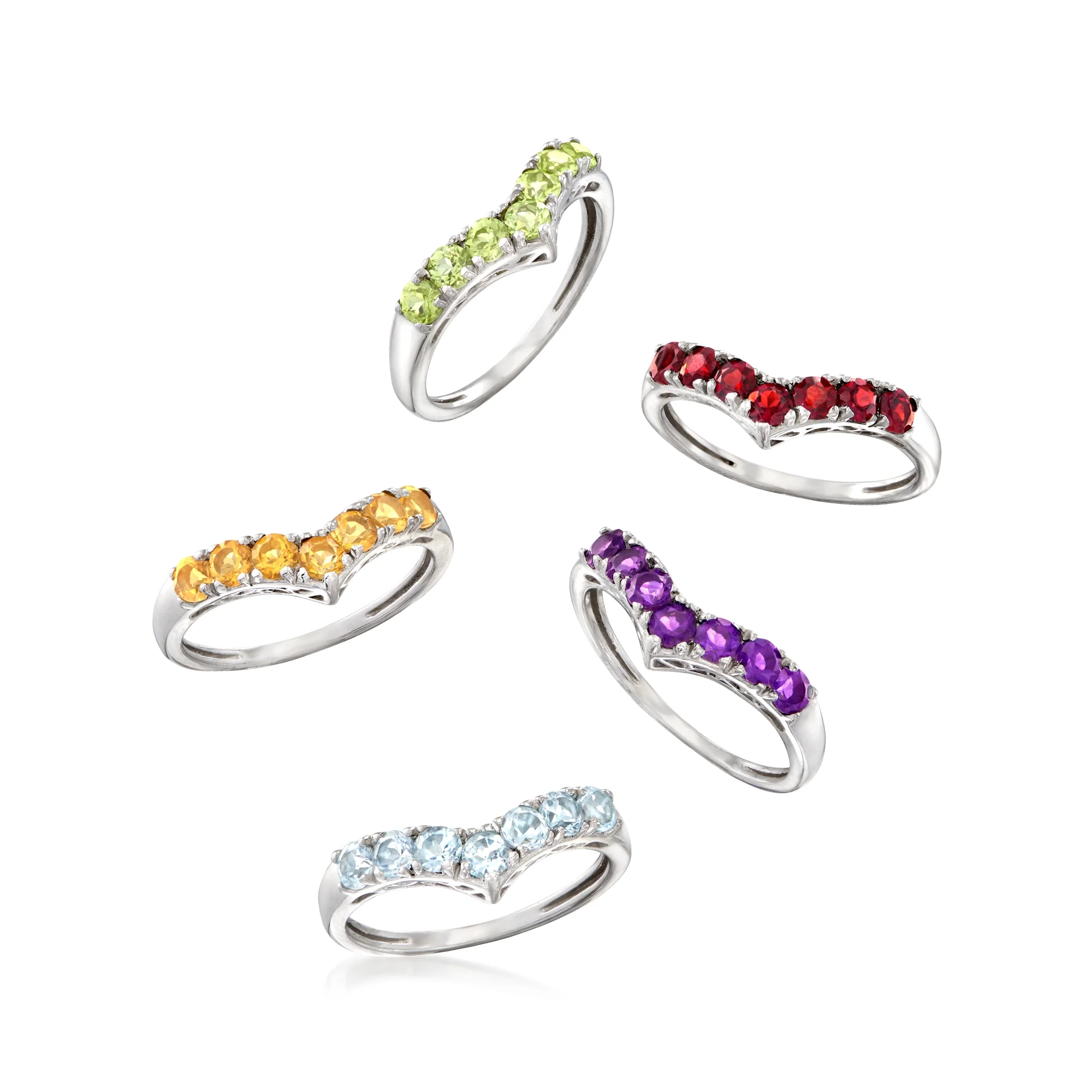 Ross-Simons 4.20 ct. t.w. Multi-Gemstone Jewelry Set: 5 Chevron Rings in Sterling Silver, Women's, Adult
