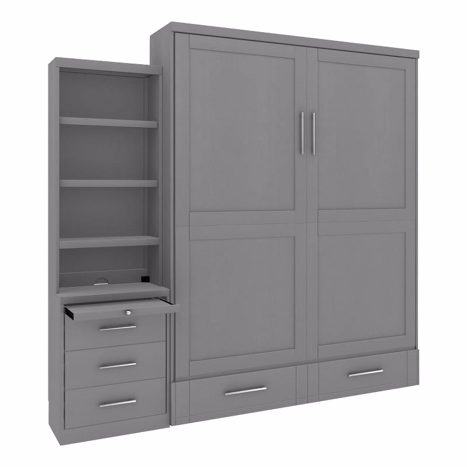 RoomAndLoft Queen Wood Murphy Wall Bed & Shelf Storage with Drawers in Gray