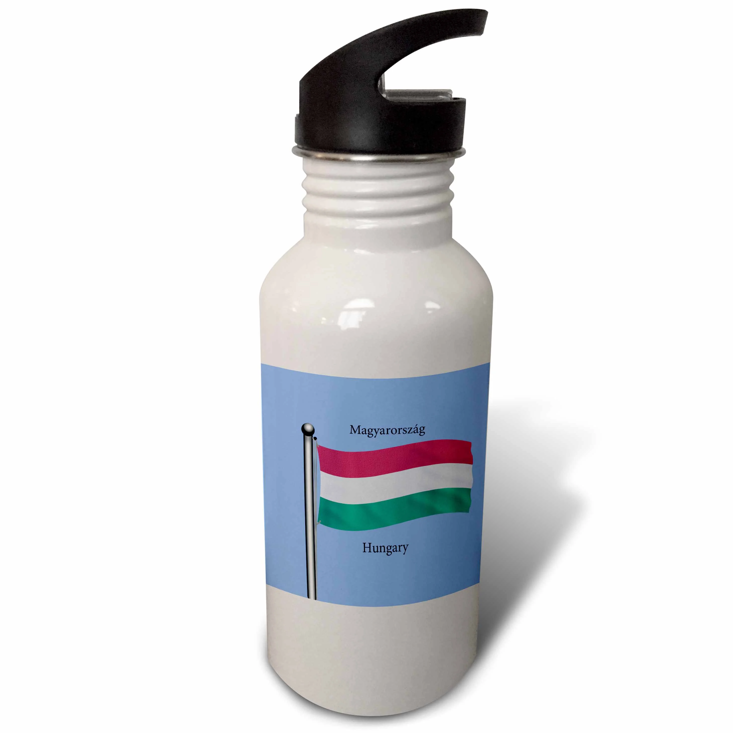 The flag of Hungary waving on a blue background and Hungary written in both English and Hungarian 21 oz Sports Water Bottle wb-63162-1