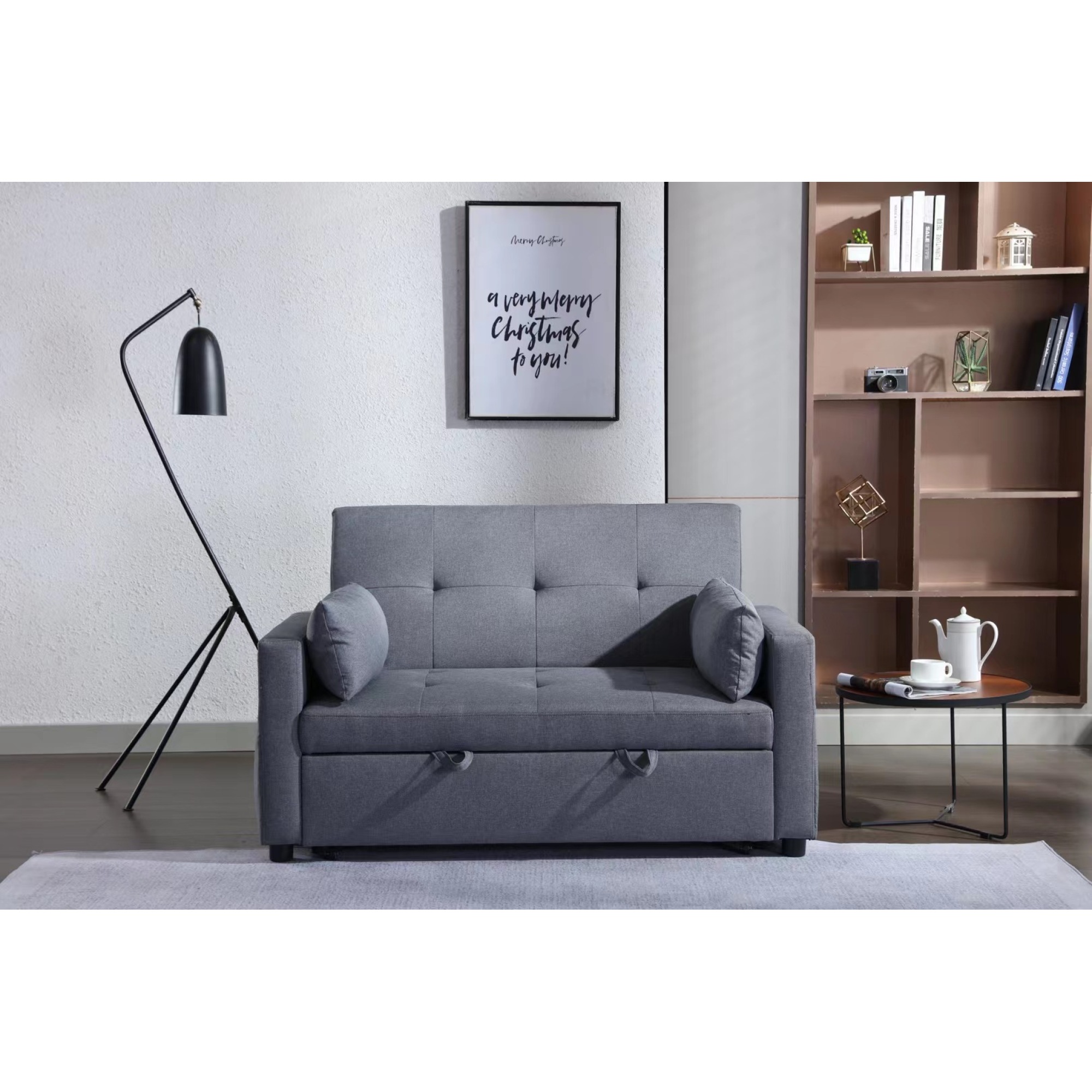 2 Seaters Slepper Sofa Bed.Dark Grey Linen Fabric 3-in-1 Convertible Sleeper Loveseat with Side Pocket.