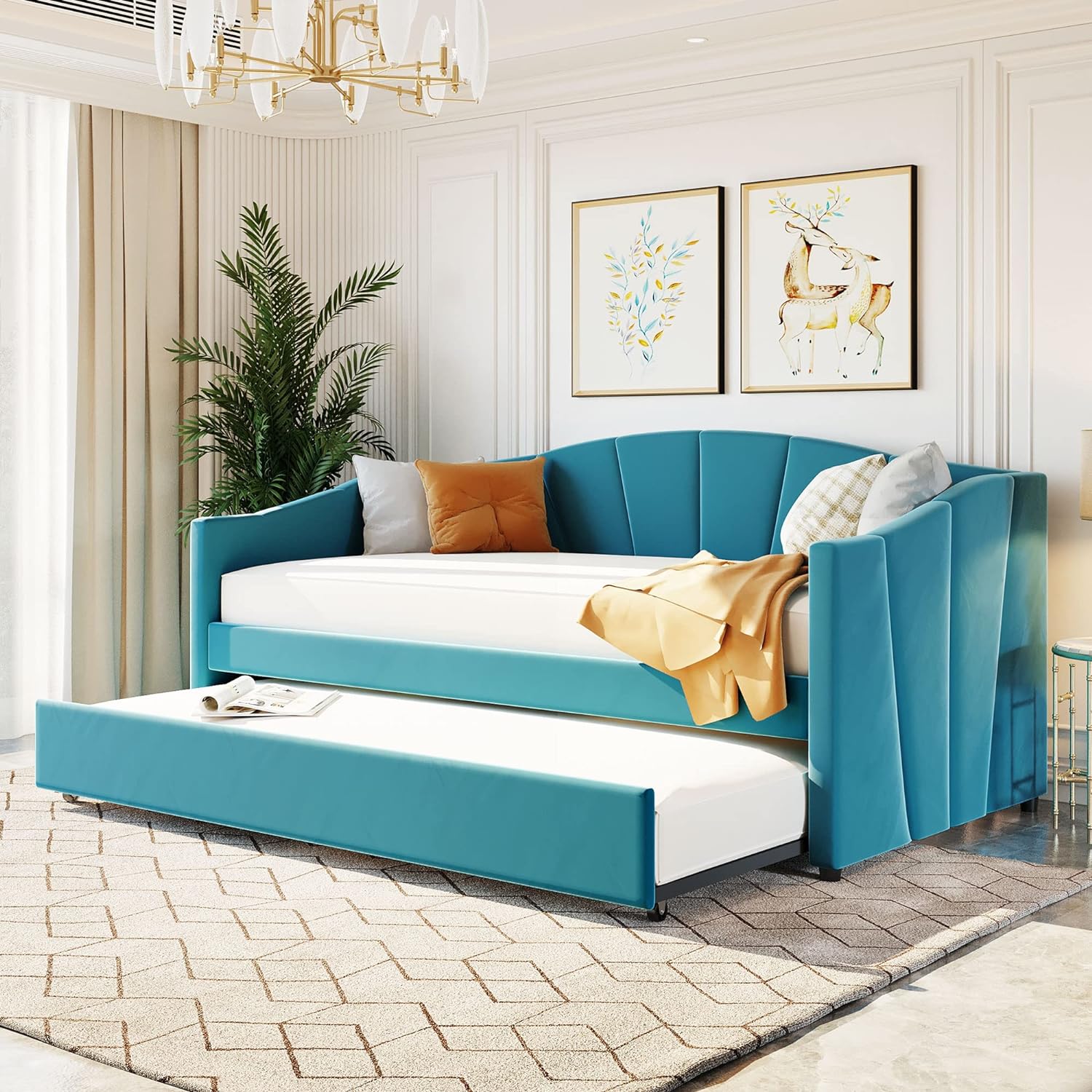 Blue Daybed Wih Size rudle, Velve Upholsered Daybed Wih Wood Sla Suppor, Sofa Bed For Livig Room Bedroom. o Box Sprig eeded