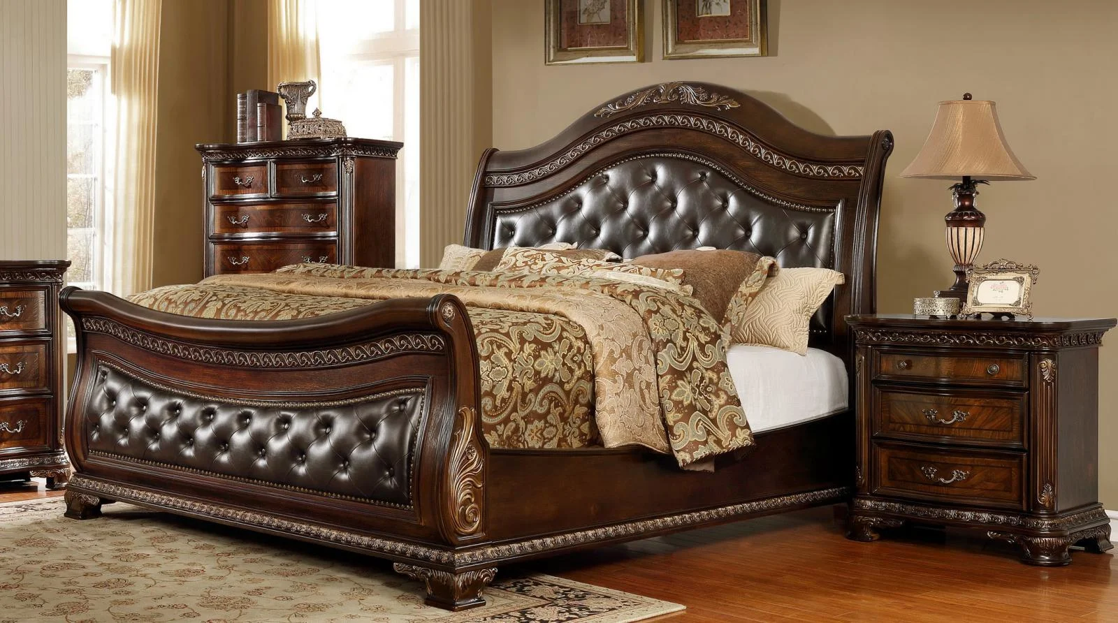 Leather Headboard Sleigh King Size Bedroom Set 5Pcs McFerran B9588 Cherry