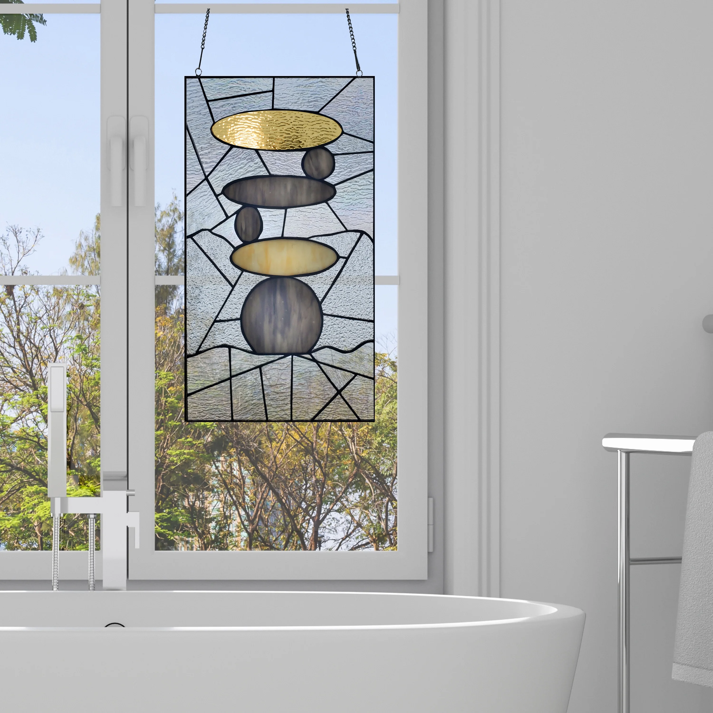 River of Goods 18 in. Zen Stone Garden Stained Glass Window Panel in Grey