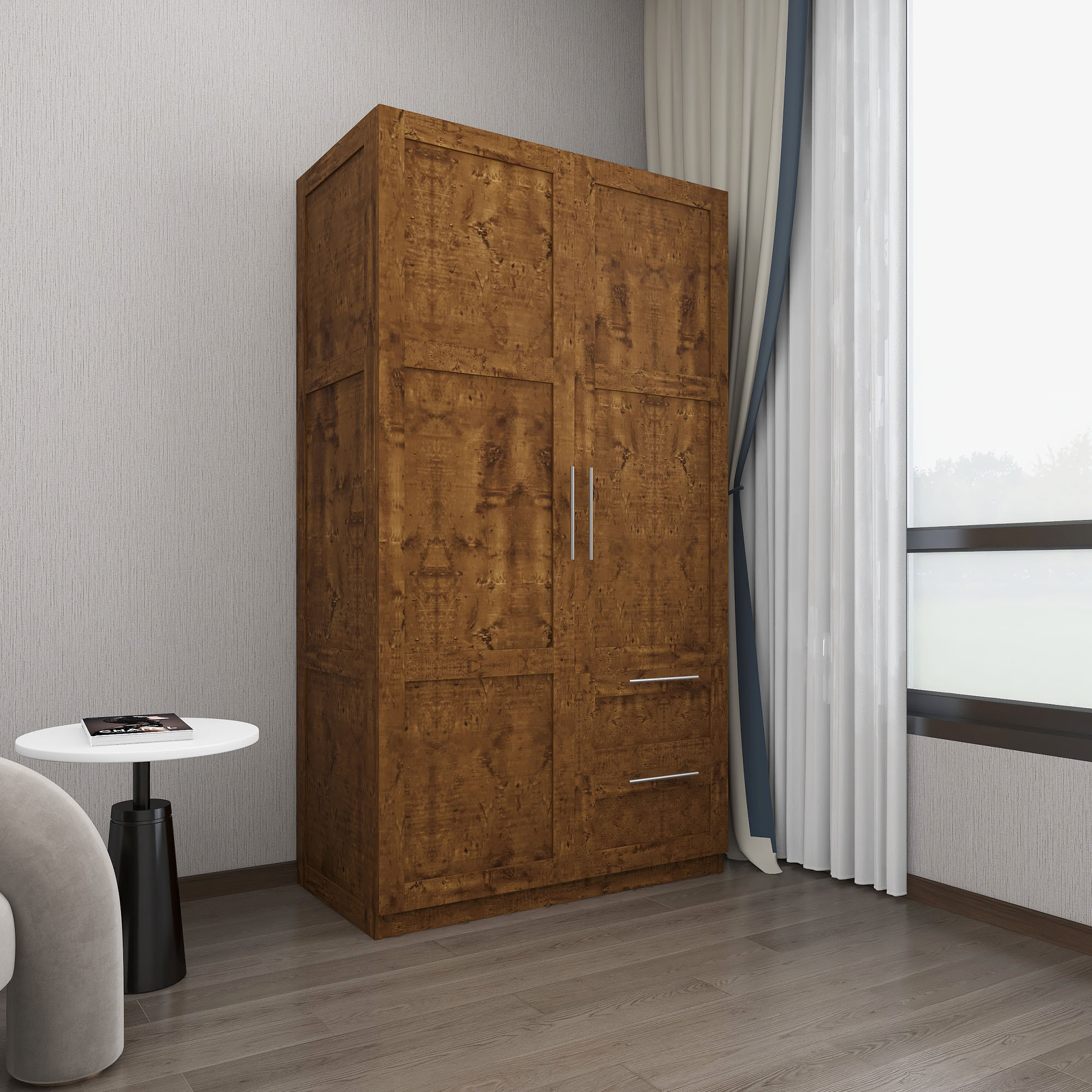 HIUU Double Wardrobe Cabinets,Wood Armoire with Drawers and Shelves for Living Room,Wood Armoire Wardrobe with Hanging Rod,Retro Brown