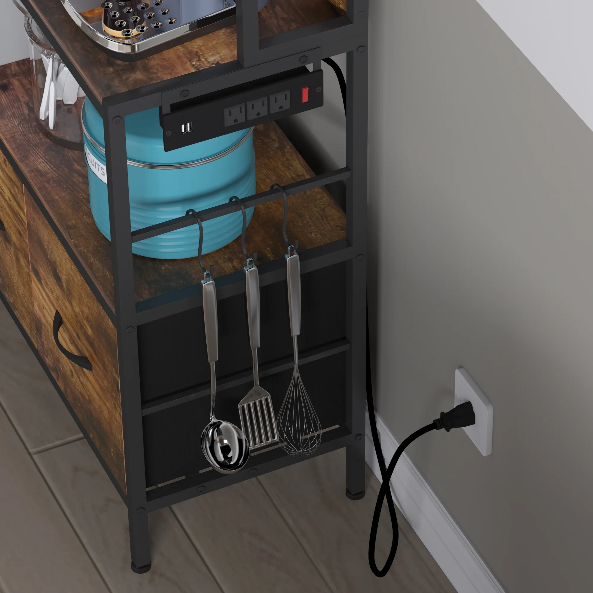 NAIYUFA Bakers Rack Large Capicity Brown 5-tier ,3 Pull Out Baskets Wood Kitchen Shelf with Power Outlets