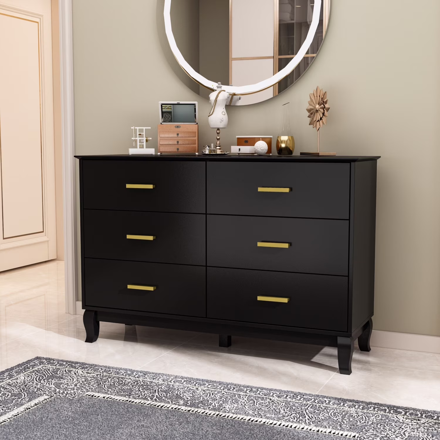 Timechee 6 Drawer 47.2''W Double Dresser Solid Wood Legs Lacquer Chest Black