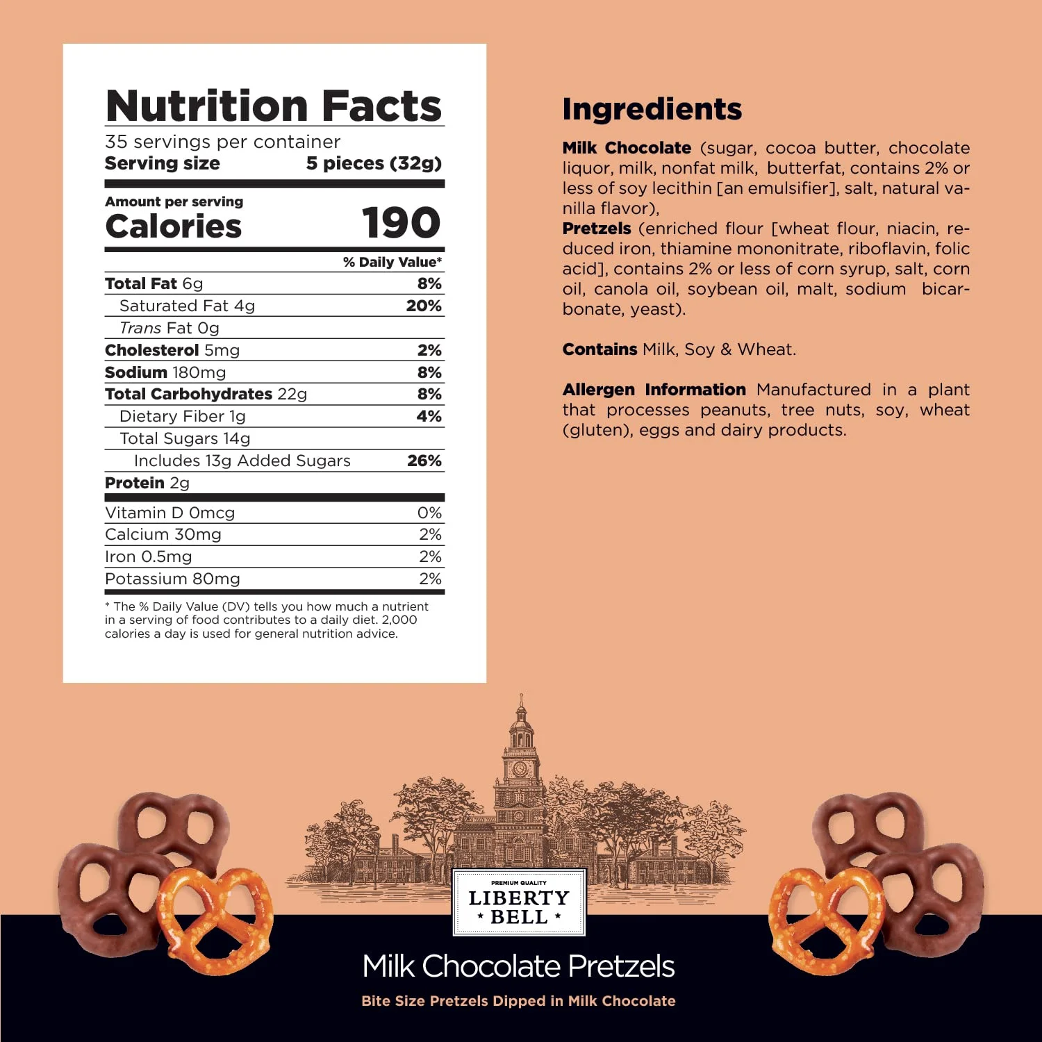 Liberty Bell Real Milk Chocolate Covered Mini Pretzels, 40 Ounce Tube