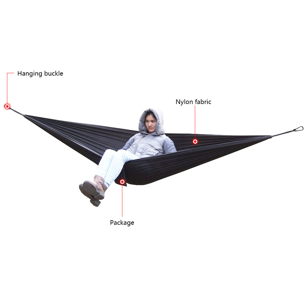 Portable and durable compact nylon fabric two-person travel camping hammock - black